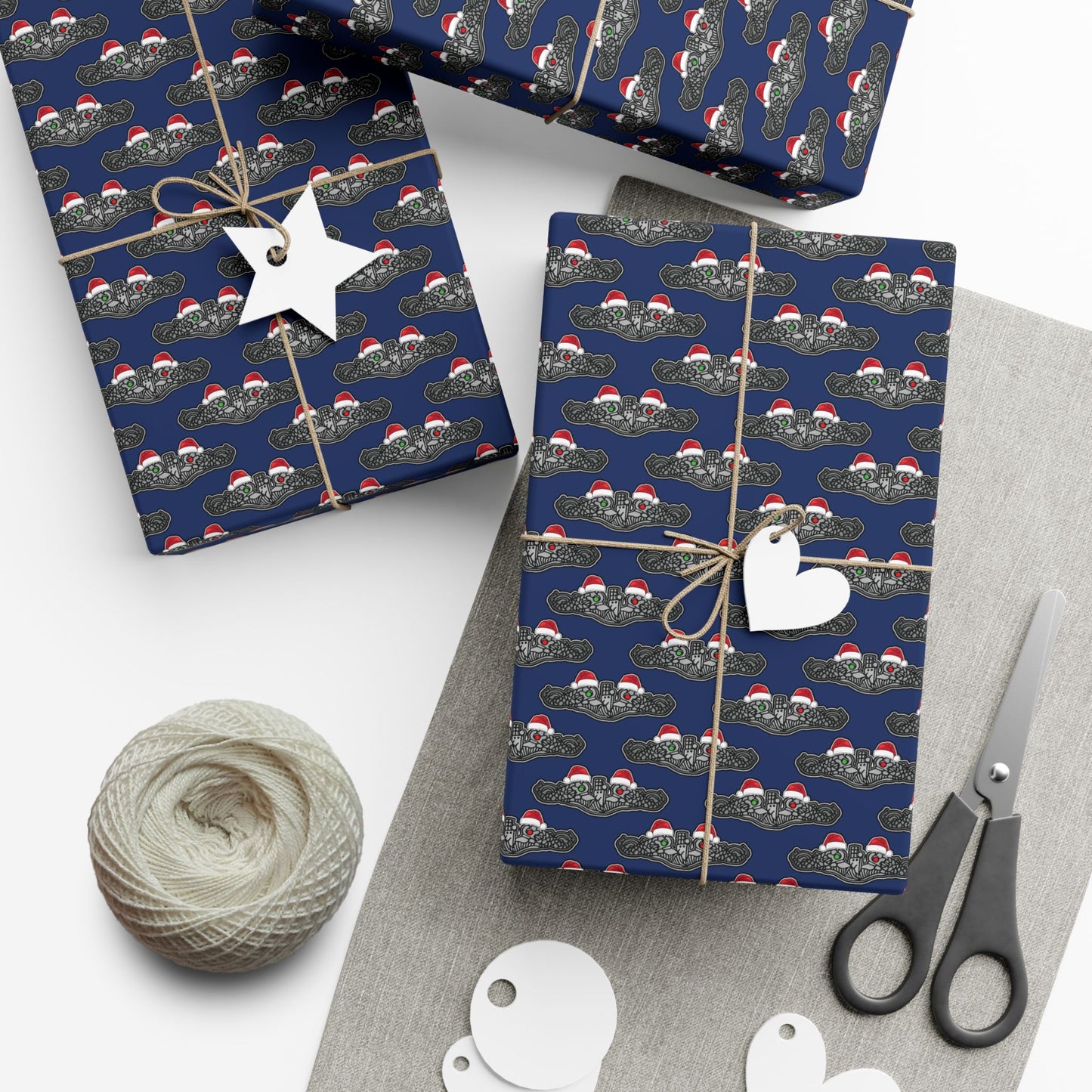 United States Navy Submarine Force Silver Enlisted Dolphins Christmas Hats with Red and Green Eyes Blue Gift Wrap Papers