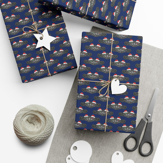 United States Navy Submarine Force Silver Enlisted Dolphins Christmas Hats with Red and Green Eyes Blue Gift Wrap Papers