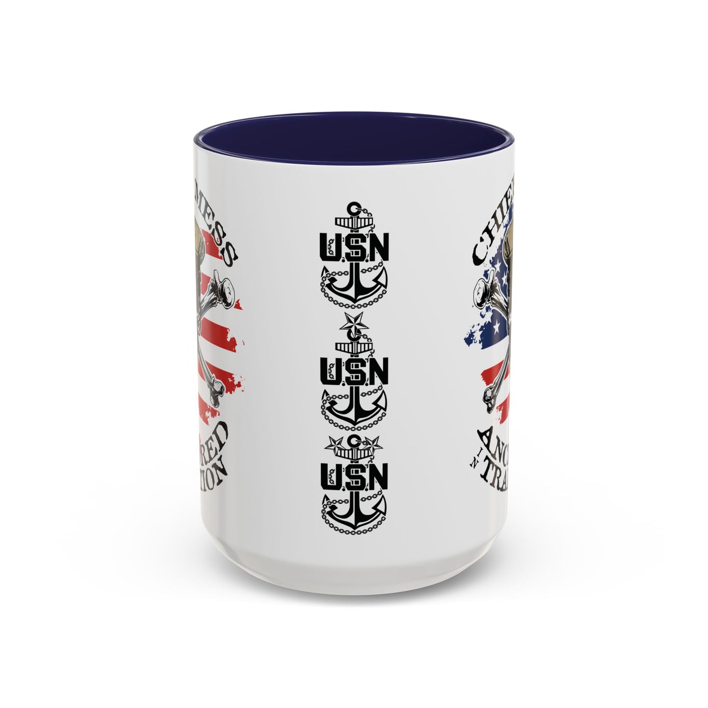 US Navy Chief's Mess Anchored Tradition CPO Sailor Skull with Distressed USA Flag Accent Coffee Mugs
