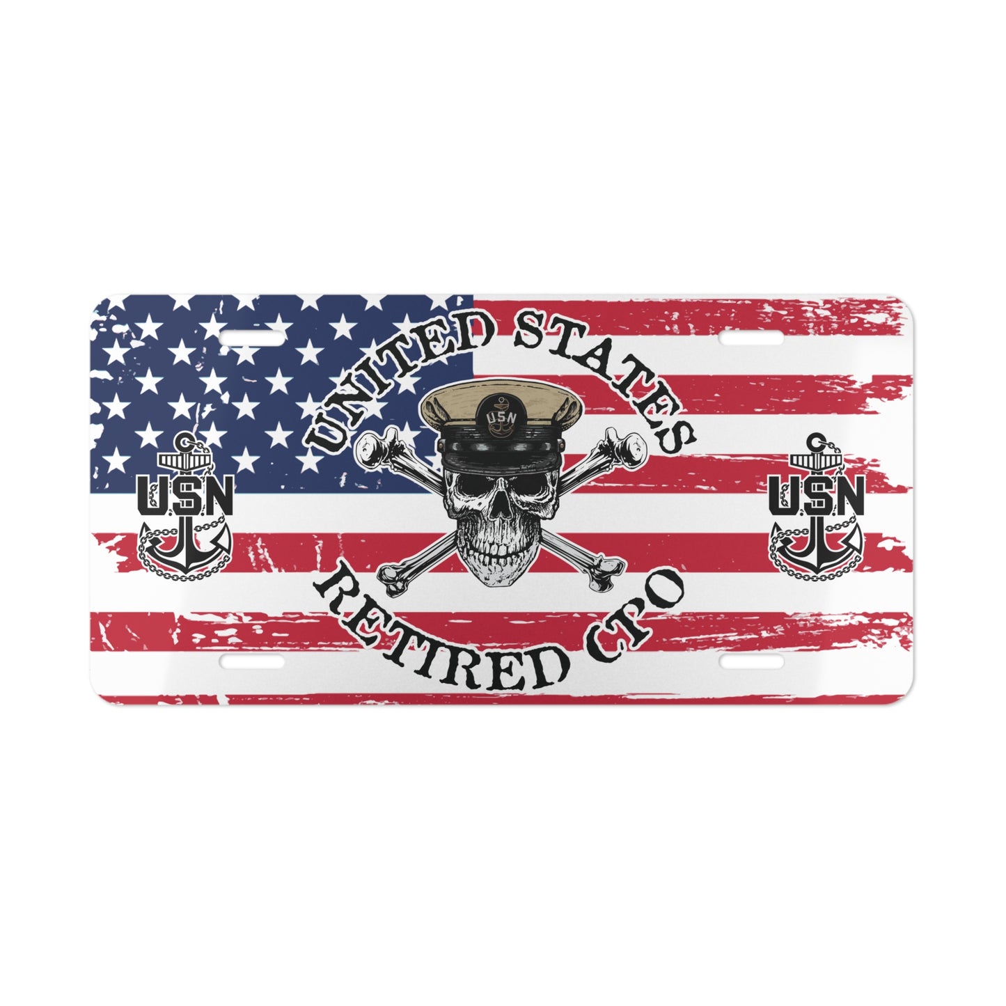 United States Navy Retired CPO Skull Crossbones on Distressed USA Flag Vanity License Plate
