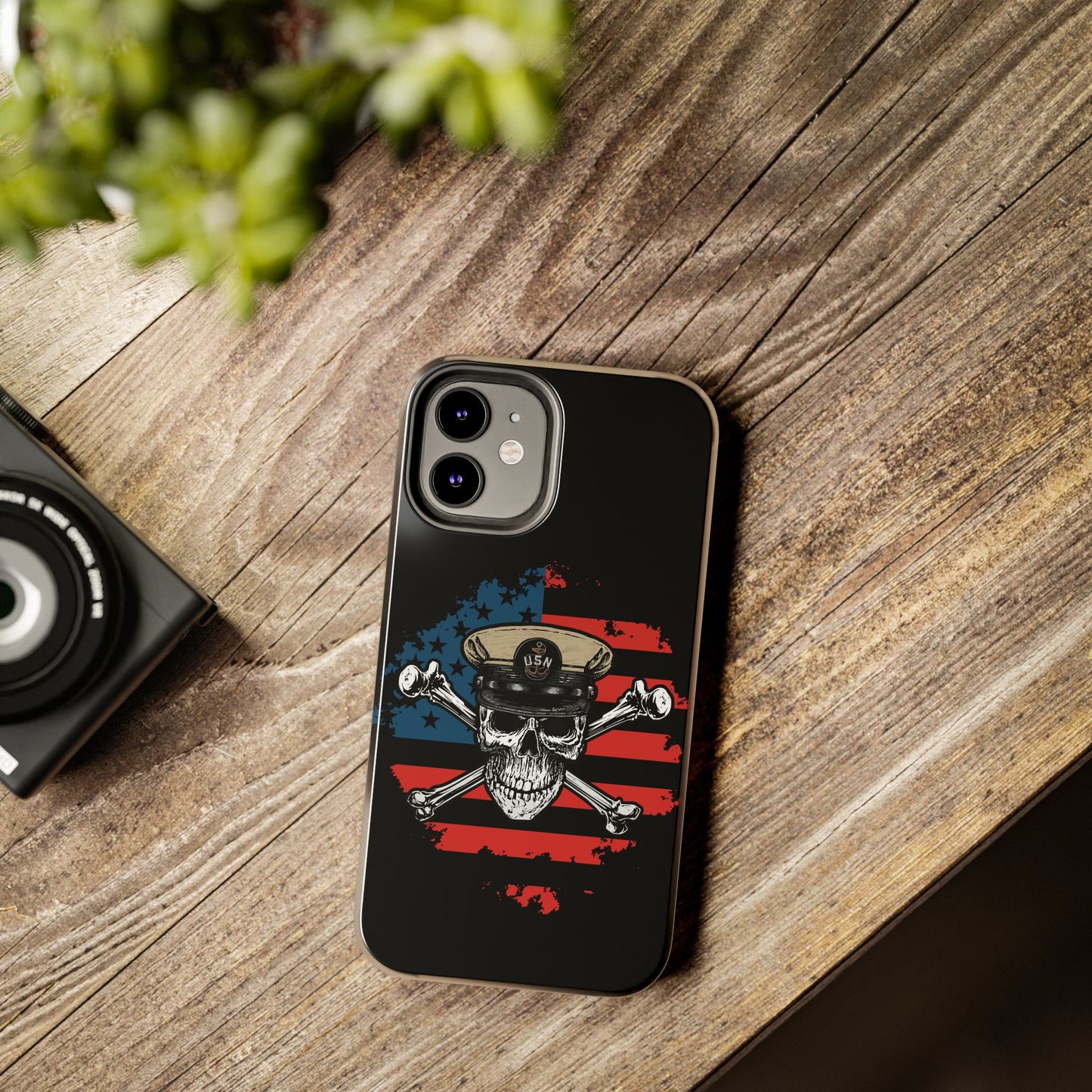 Naval Chief Skull & Crossbones on American Flag Black Tough iPhone Case