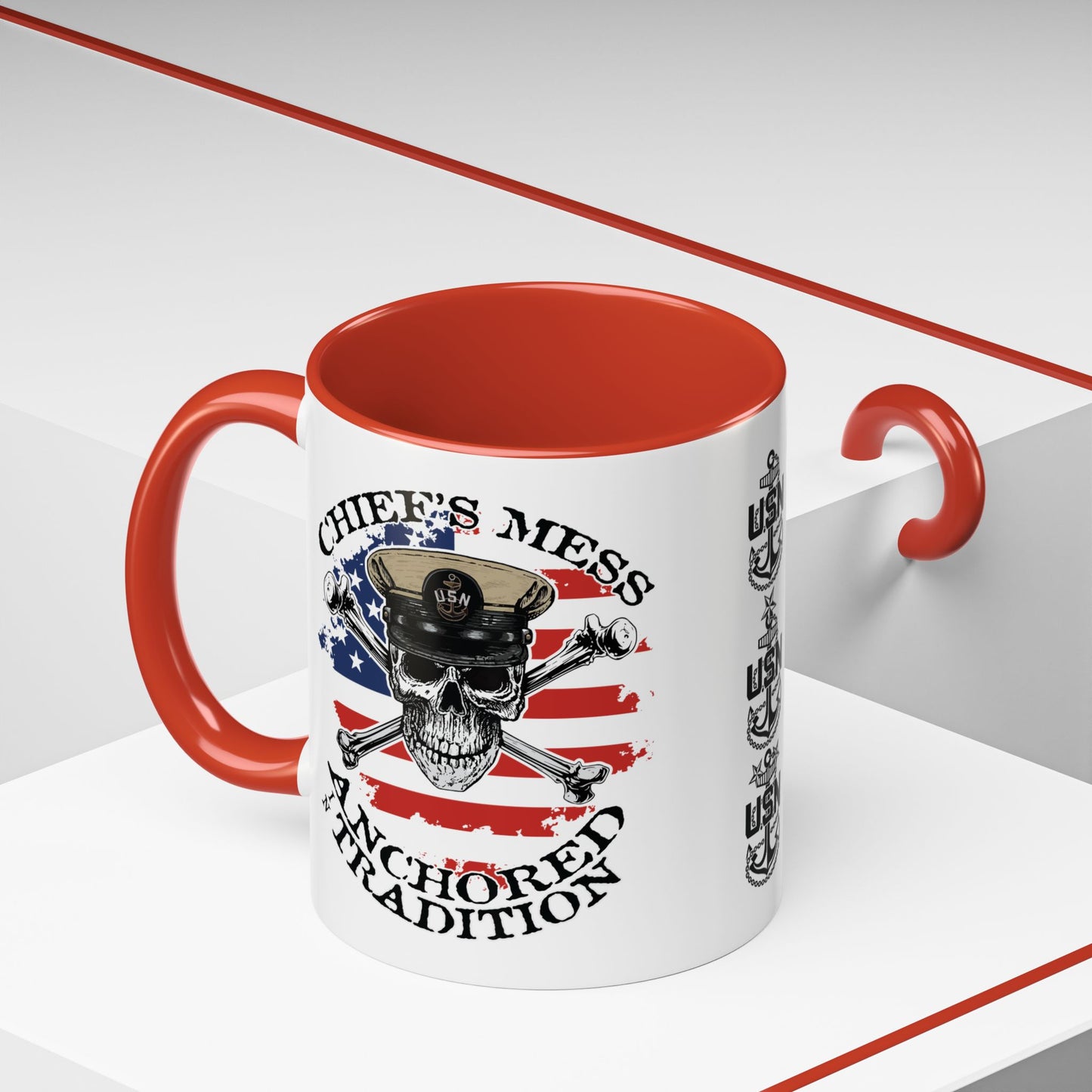 US Navy Chief's Mess Anchored Tradition CPO Sailor Skull with Distressed USA Flag Accent Coffee Mugs