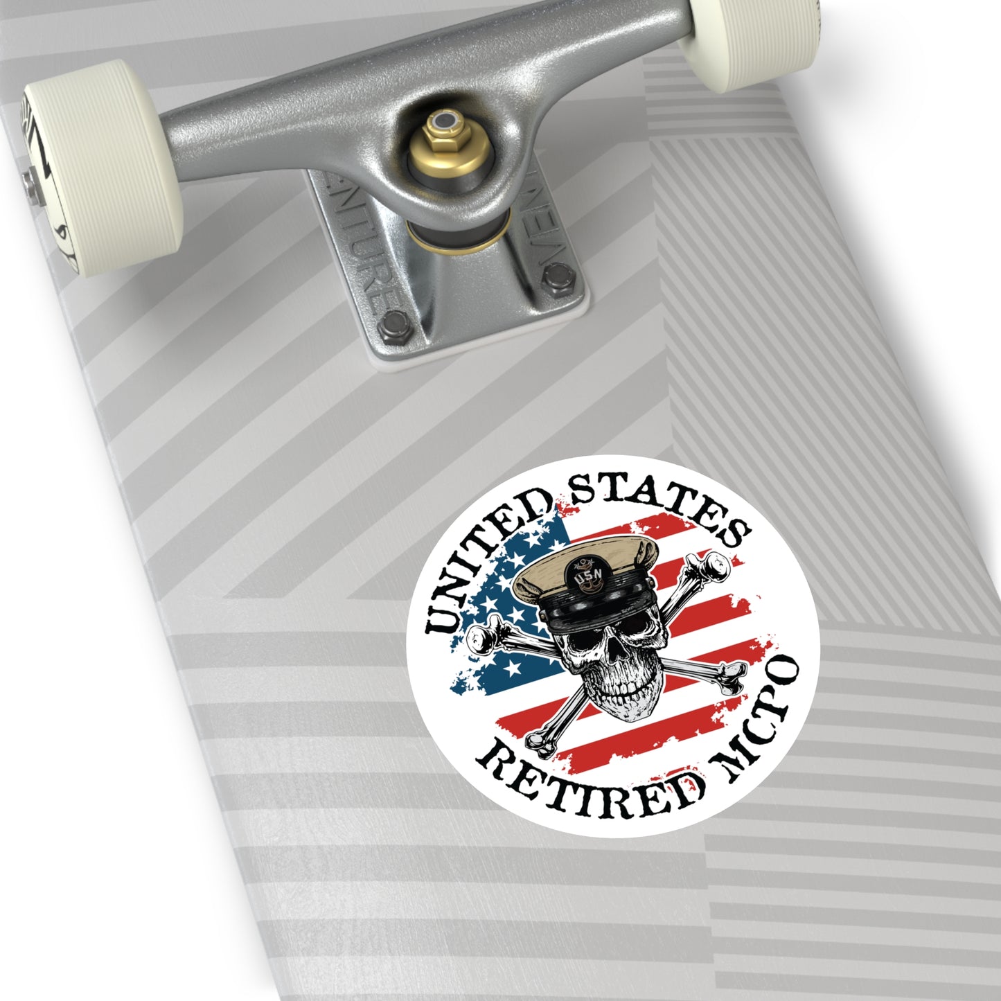 United States Retired MCPO Skull Crossbones Master Chief Petty Officer with Distressed American Flag Master Round Sticker