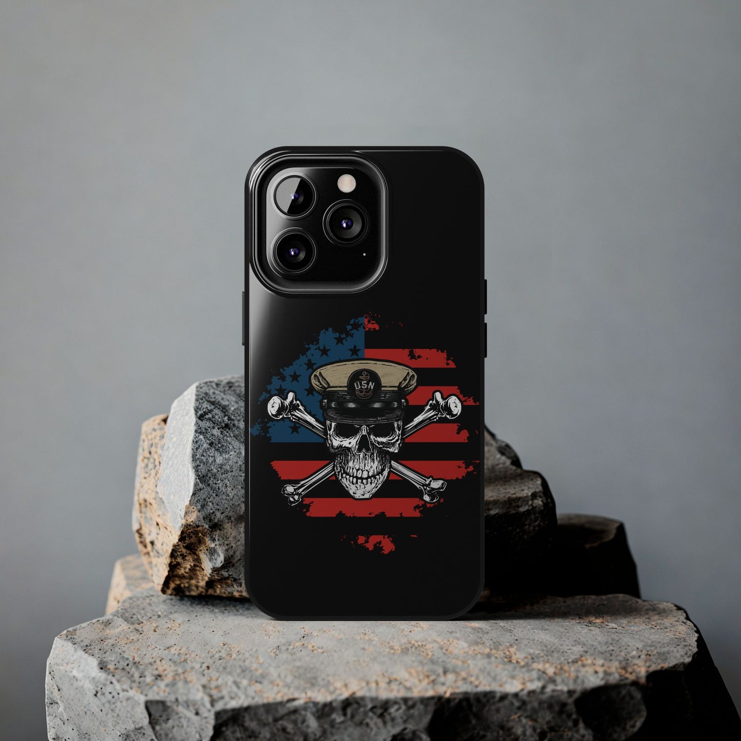 Naval Chief Skull & Crossbones on American Flag Black Tough iPhone Case