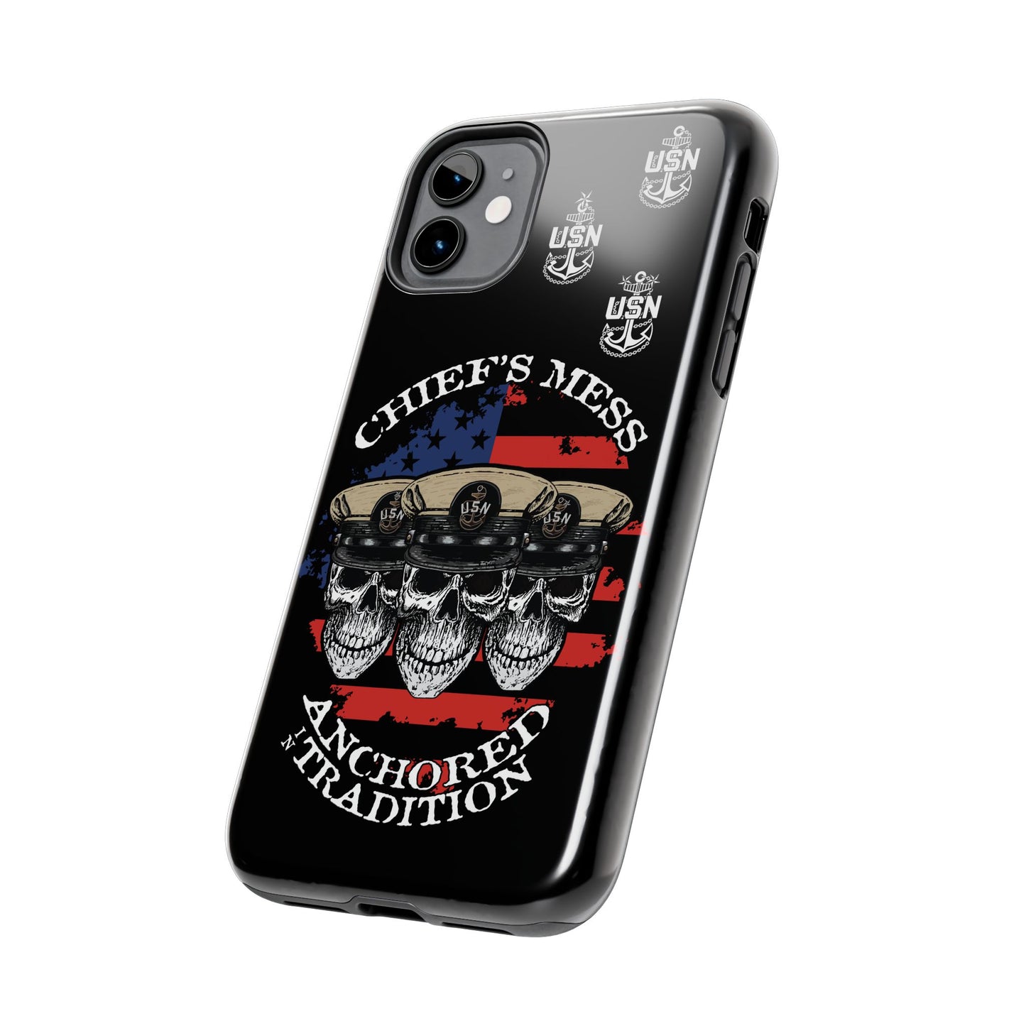 Chief's Mess Anchored Tradition CPO Sailor Skulls on Distressed USA Flag Black Tough iPhone Case