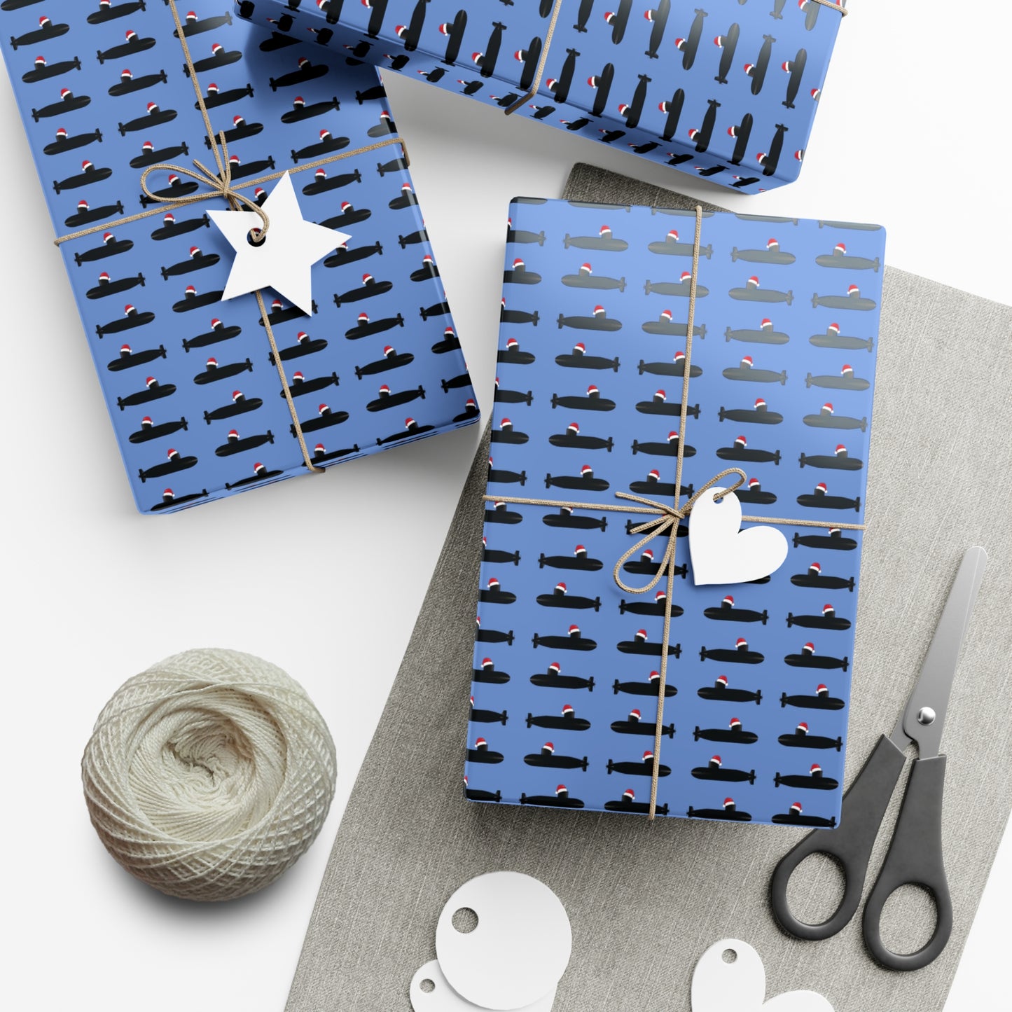 United States Navy Submarine Force Santa Hat on Black Mini Submarines Light Blue Gift Wrap Papers