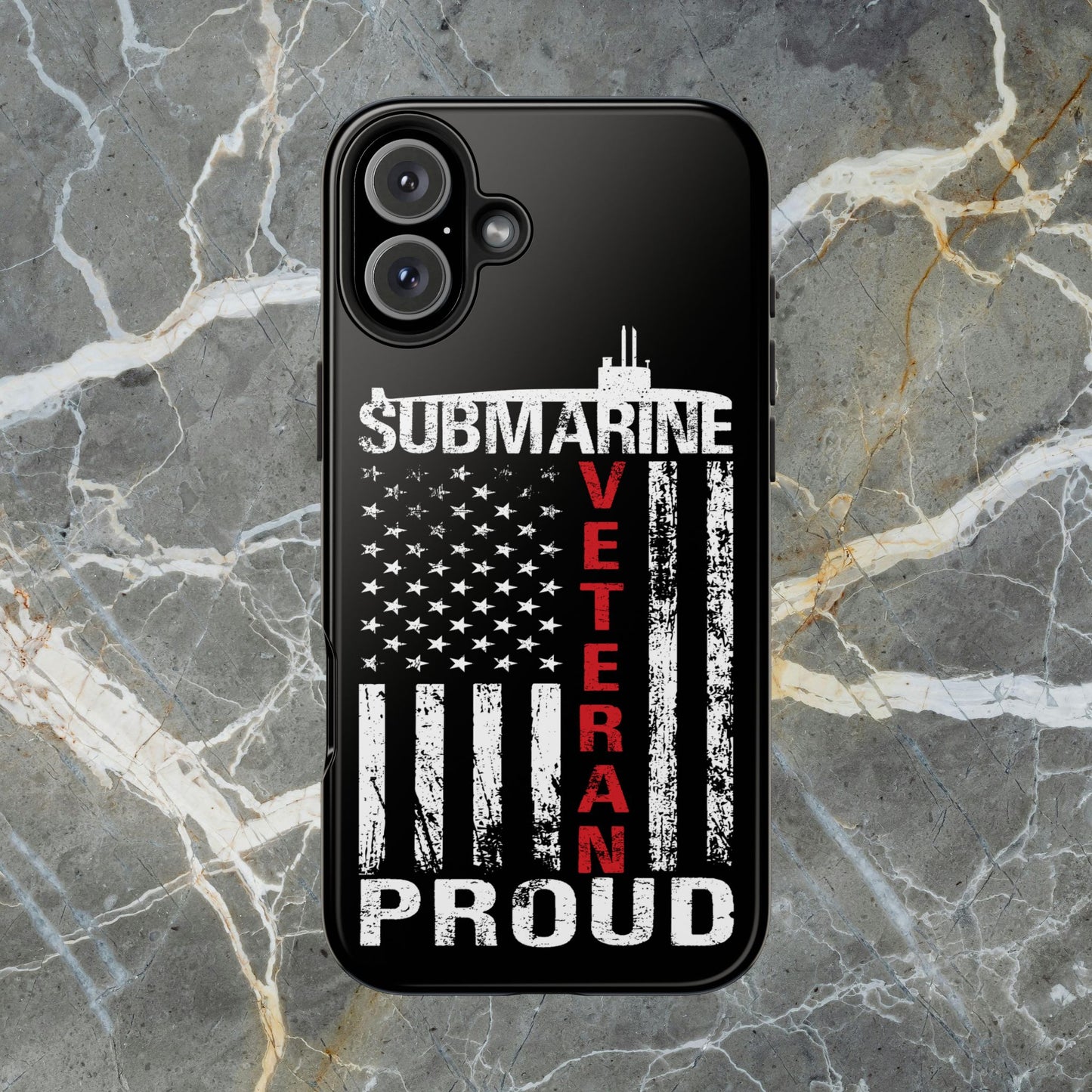 U.S. Submarine Veteran Proud Distressed White USA Flag Black Tough iPhone Case