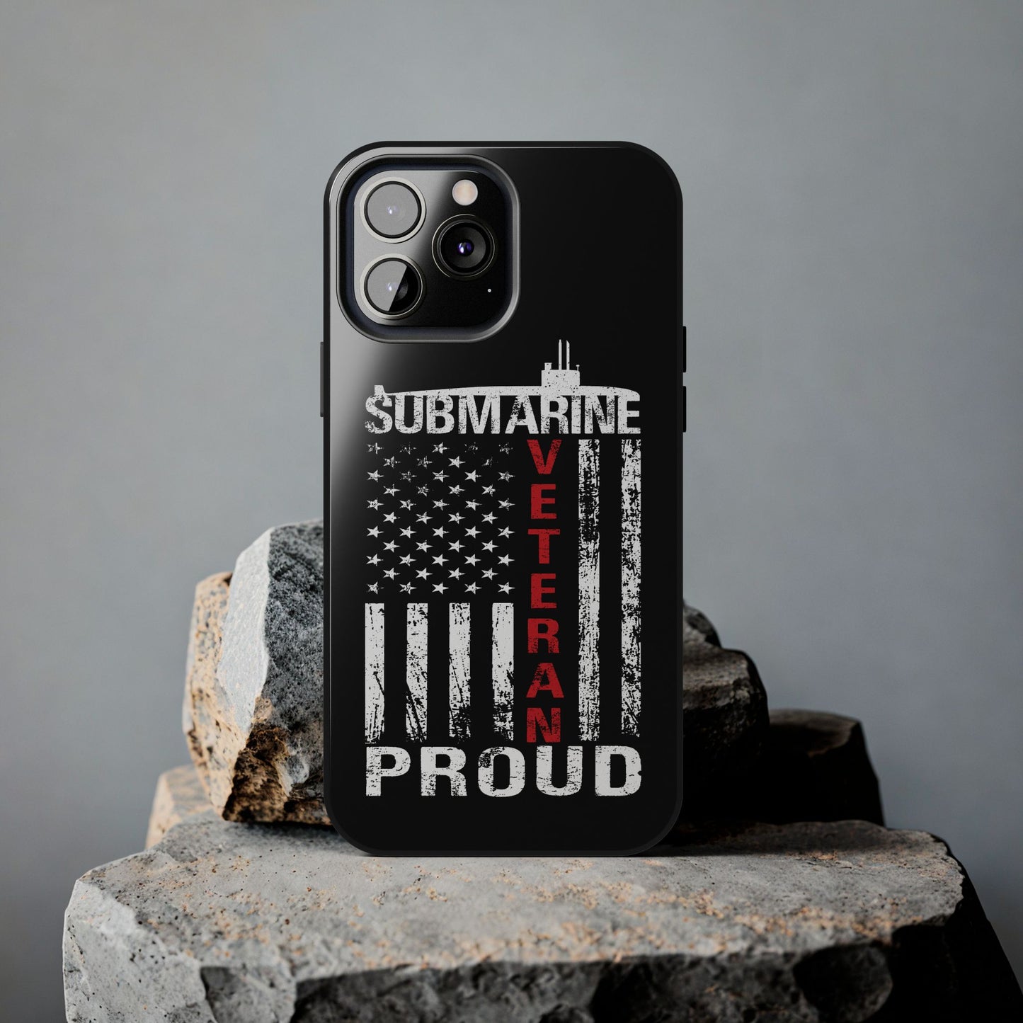U.S. Submarine Veteran Proud Distressed White USA Flag Black Tough iPhone Case