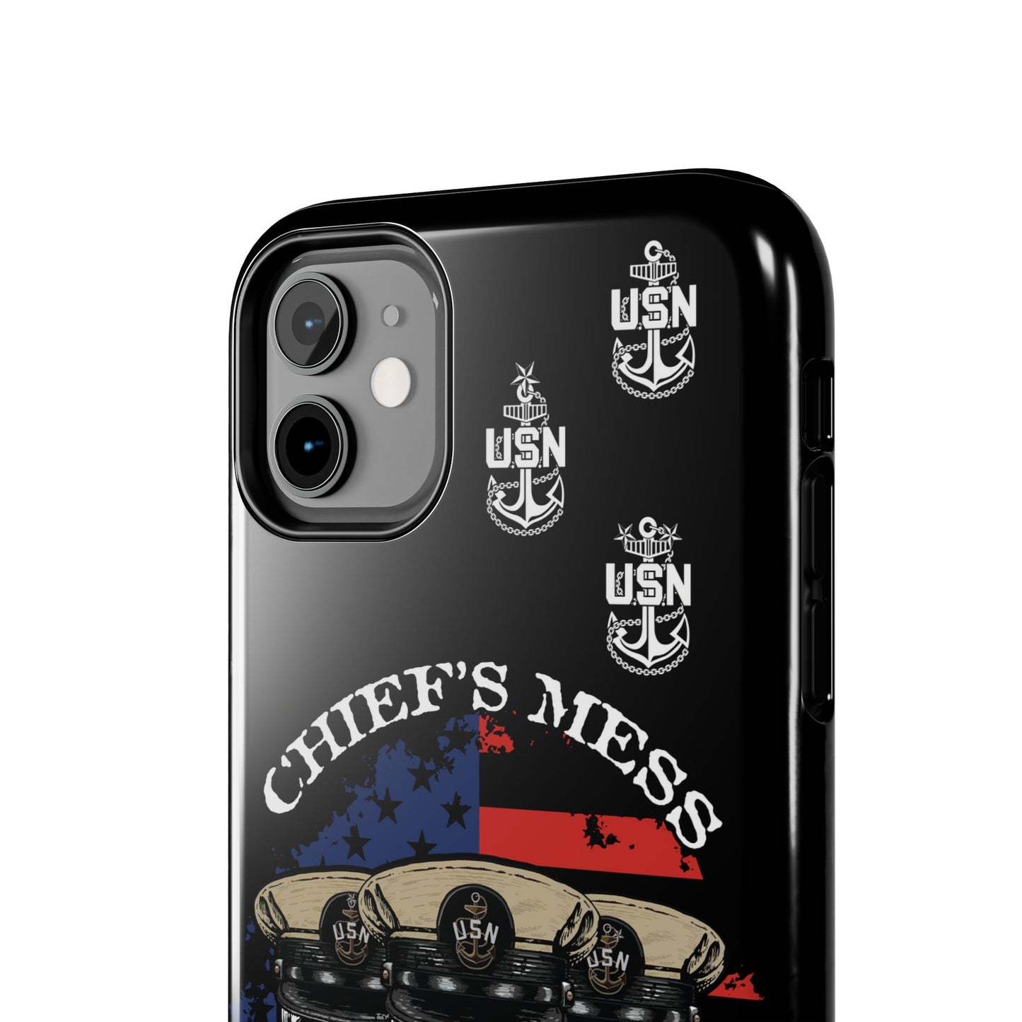 Chief's Mess Anchored Tradition CPO Sailor Skulls on Distressed USA Flag Black Tough iPhone Case