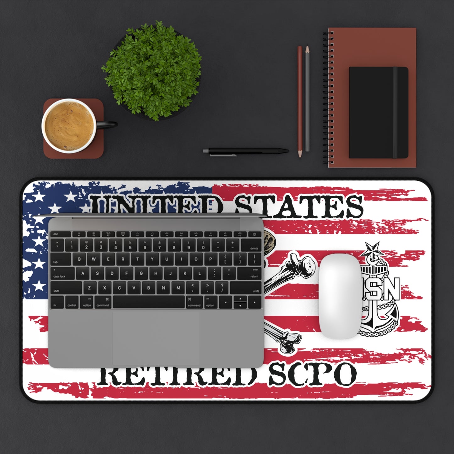 United States Retired SCPO Skull Crossbones Senior Chief with Distressed American Flag Desk Mat