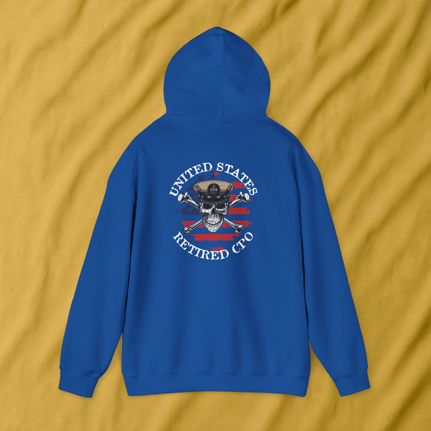 United States Retired CPO Skull Crossbones Chief Petty Officer on Distressed American Flag Mini Front Unisex Heavy Blend™ Hooded Sweatshirt