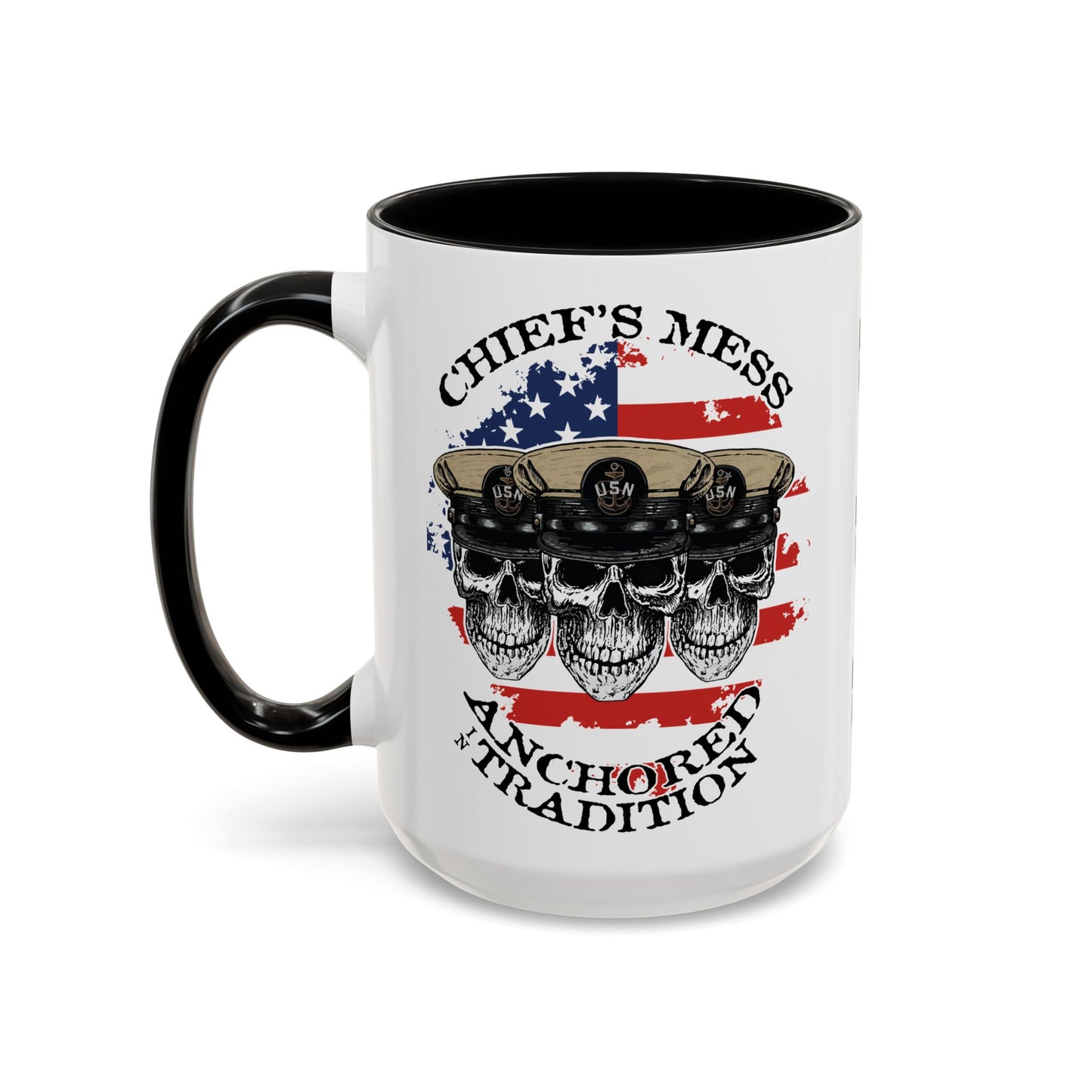 US Navy Chief's Mess Anchored Tradition CPO Sailor Skulls with Distressed USA Flag Accent Coffee Mugs