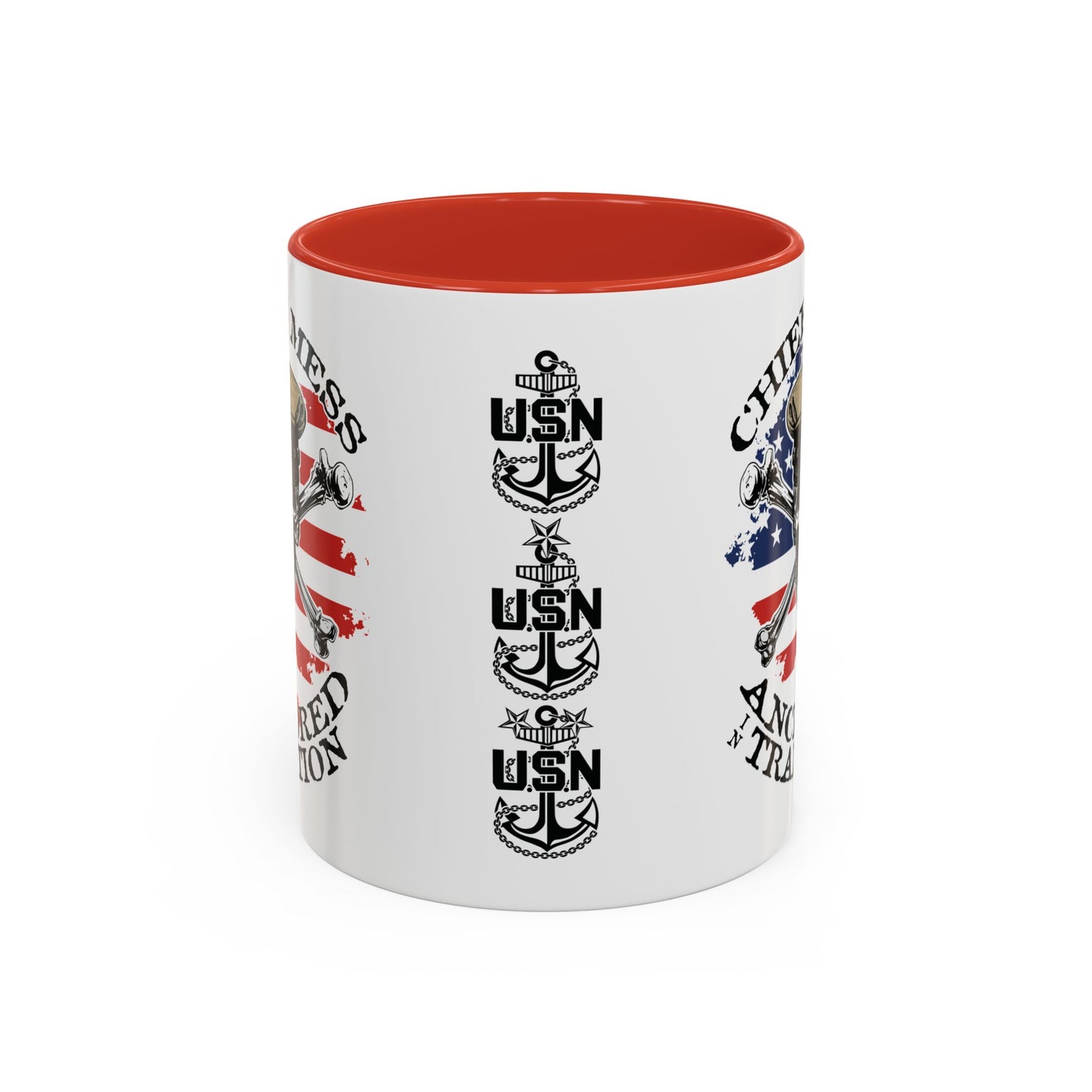 US Navy Chief's Mess Anchored Tradition CPO Sailor Skull with Distressed USA Flag Accent Coffee Mugs