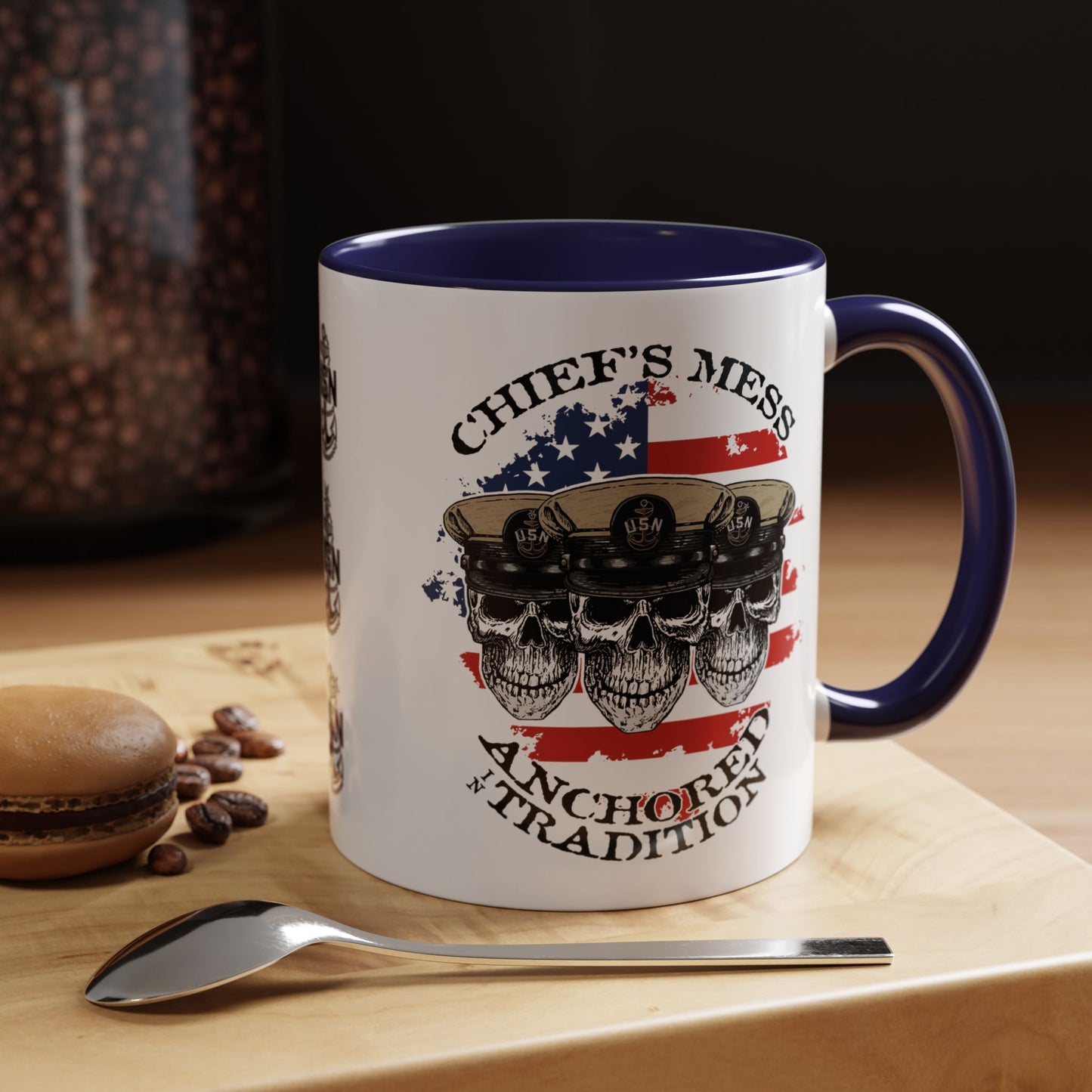US Navy Chief's Mess Anchored Tradition CPO Sailor Skulls with Distressed USA Flag Accent Coffee Mugs