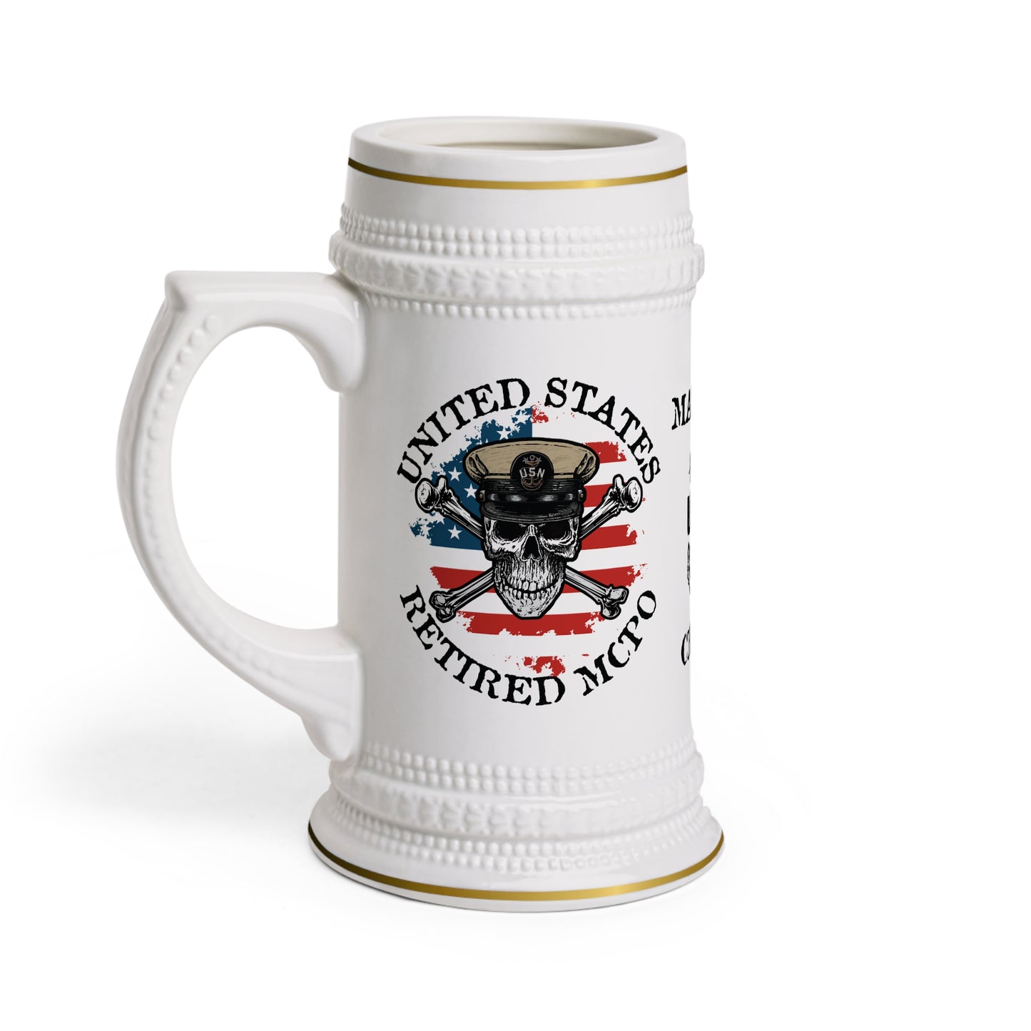 US Retired Master Chief Petty Officer Skull Crossbones with Distressed American Flag Stein Mug