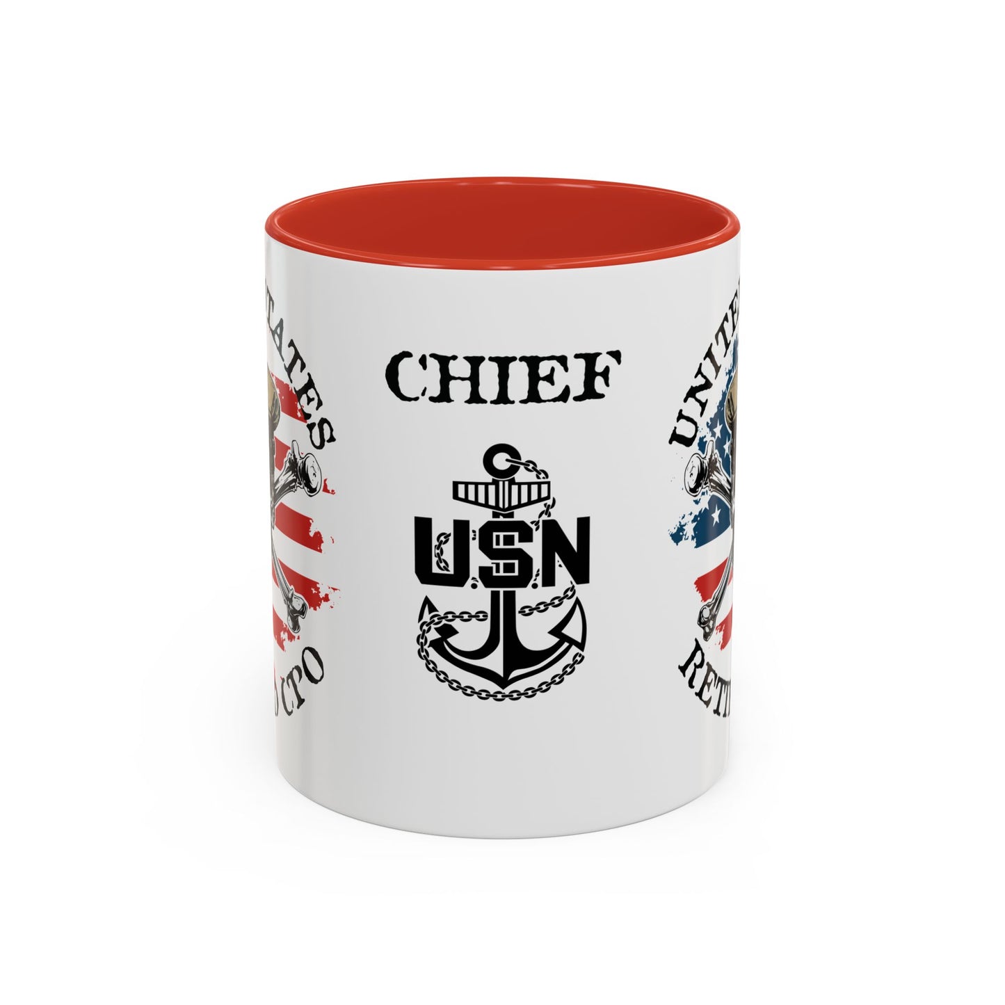 United States Navy Retired CPO Skull Crossbones Chief Petty Officer Anchor with Distressed USA Flag Accent Coffee Mugs