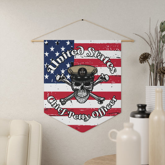United States Navy Chief Petty Officer Skull & Crossbones on Distressed American Flag Pennant