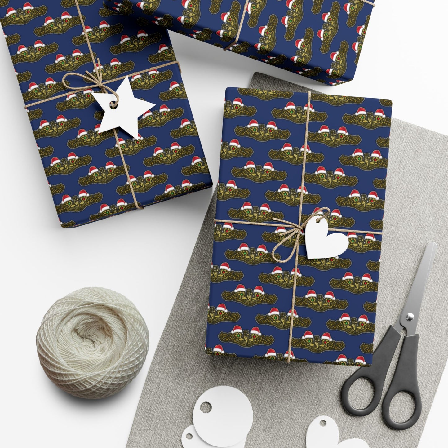 United States Navy Submarine Force Gold Officer Dolphins Christmas Hats with Red and Green Eyes Blue Gift Wrap Papers