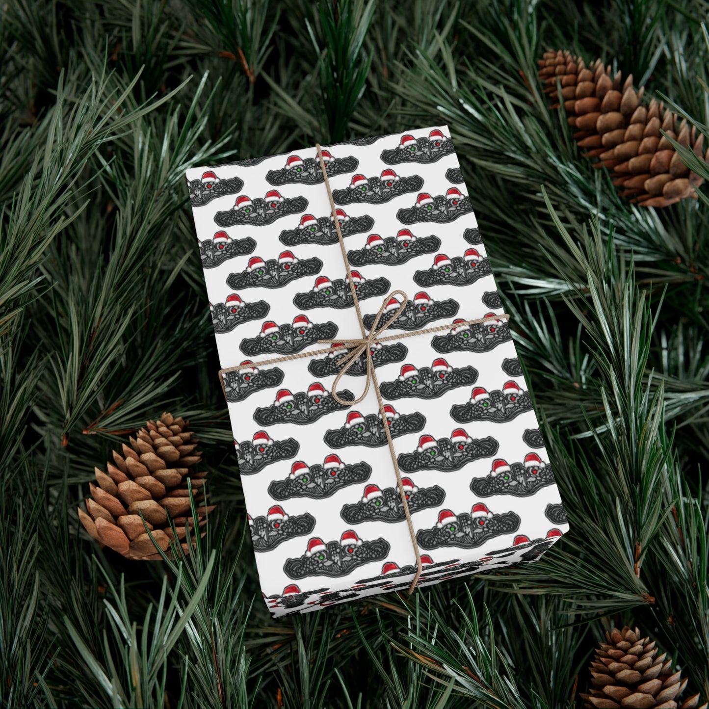 United States Navy Submarine Force Silver Enlisted Dolphins Christmas Hats with Red and Green Eyes White Gift Wrap Papers