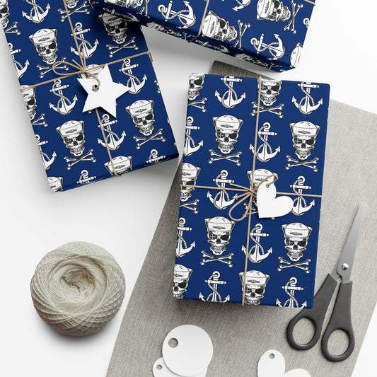 US Navy Submarine Force Sailor Skull Crossbones Wearing Dolphins with Anchors Blue Gift Wrap Papers