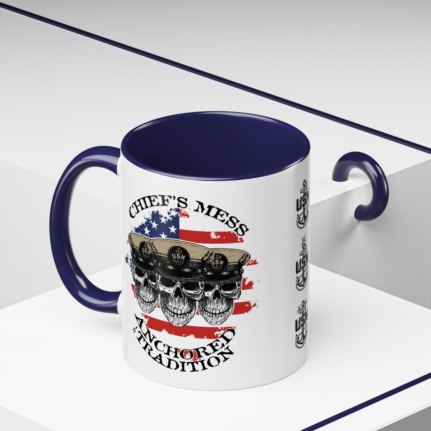 US Navy Chief's Mess Anchored Tradition CPO Sailor Skulls with Distressed USA Flag Accent Coffee Mugs
