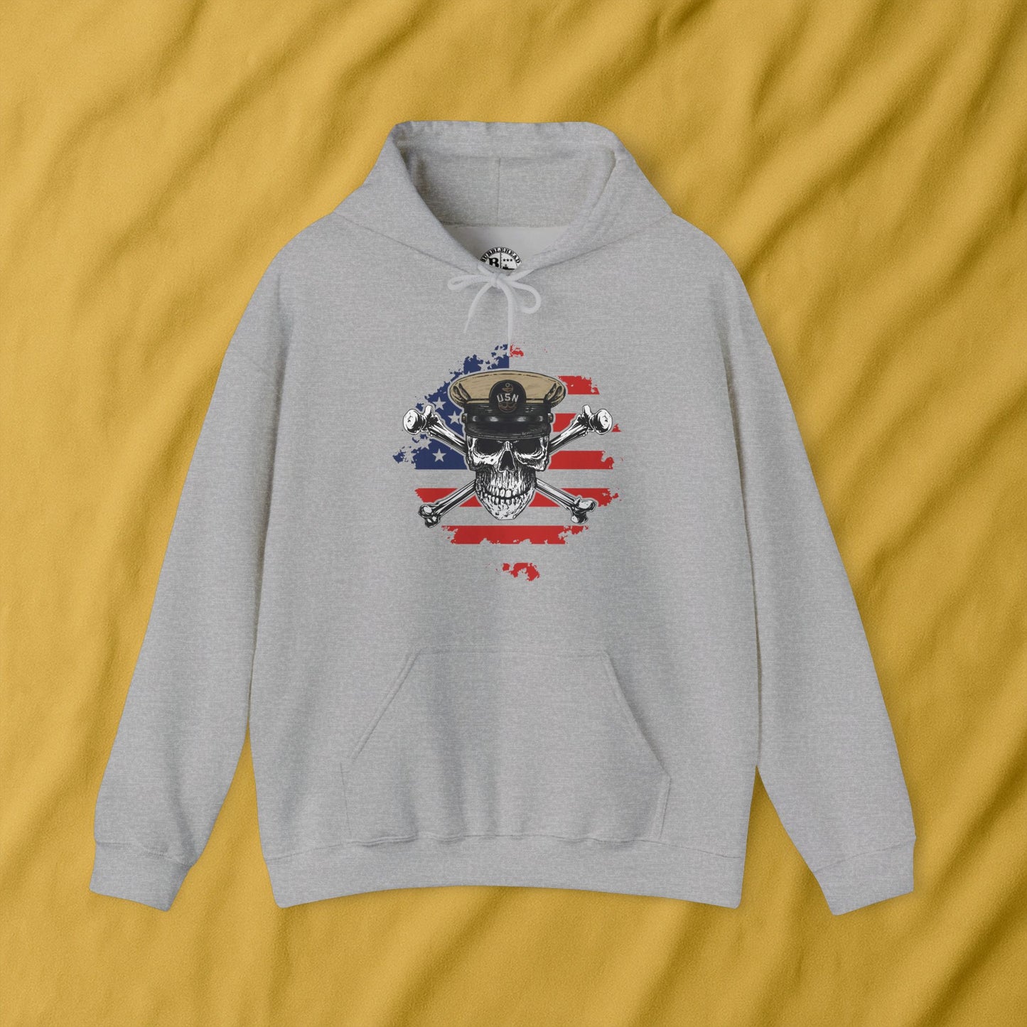 Navy Chief Skull & Crossbones on Distressed American Flag Unisex Heavy Blend™ Hooded Sweatshirt