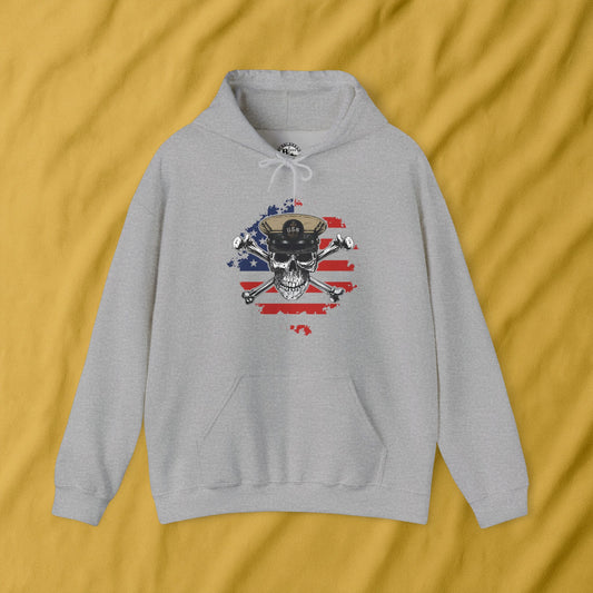 Navy Chief Skull & Crossbones on Distressed American Flag Unisex Heavy Blend™ Hooded Sweatshirt