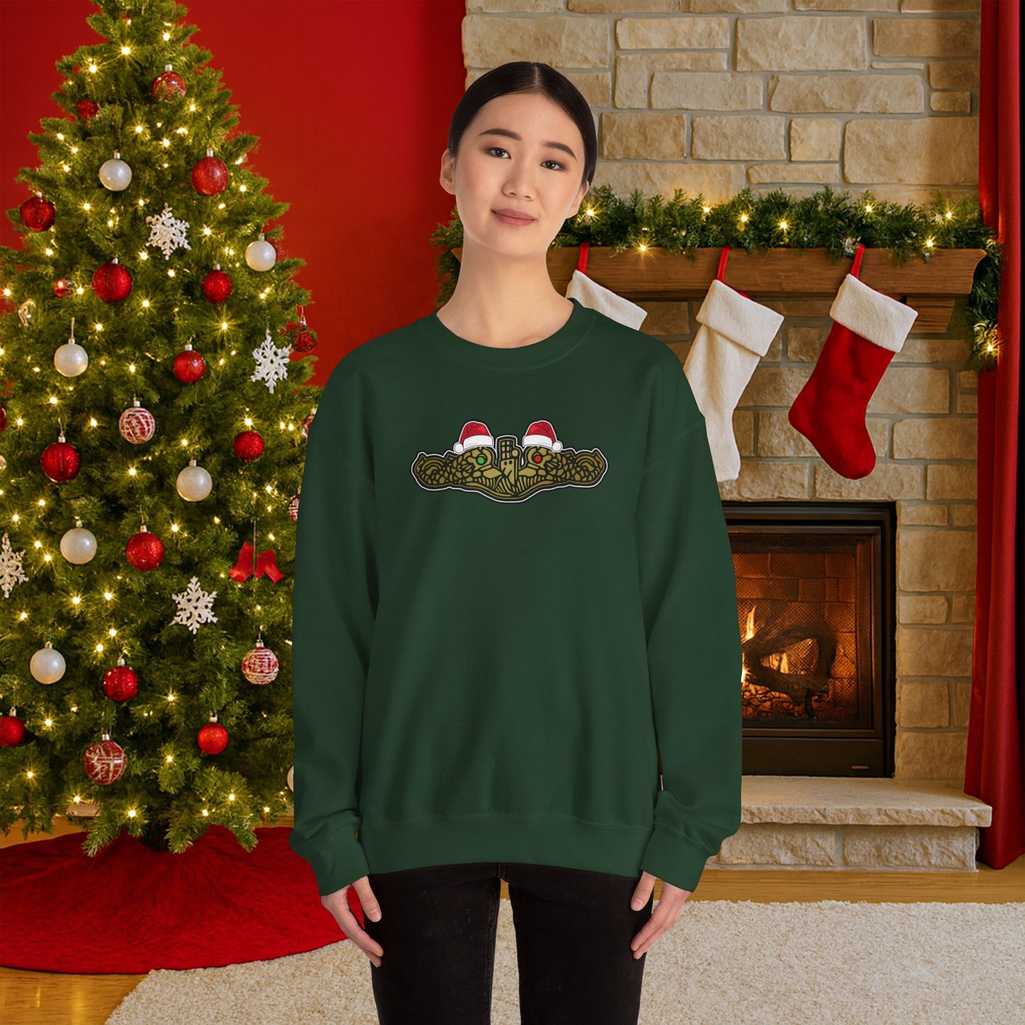 United States Submarine Force Gold Dolphins Christmas Santa Hats with Red and Green Eyes Unisex Heavy Blend™ Crewneck Sweatshirt