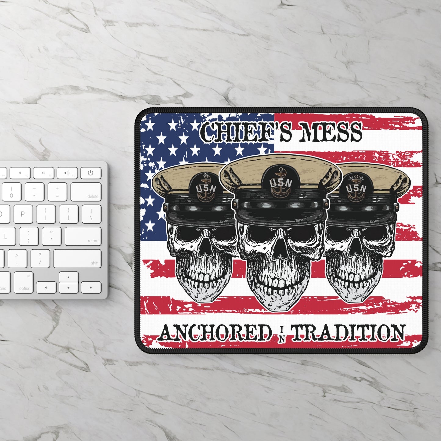 Chief's Mess Anchored Tradition CPO Sailor Skull's with Distressed USA Flag Gaming Mouse Pad