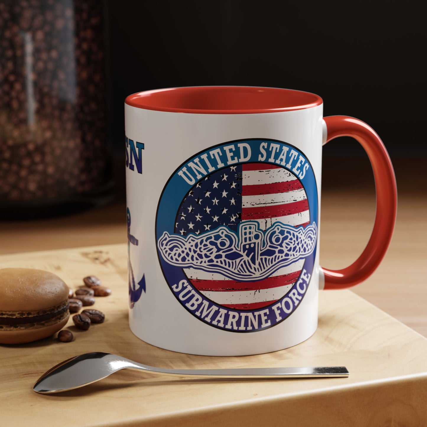 United States Navy Submarine Force Silent Service White Dolphins on American Flag Accent Coffee Mugs