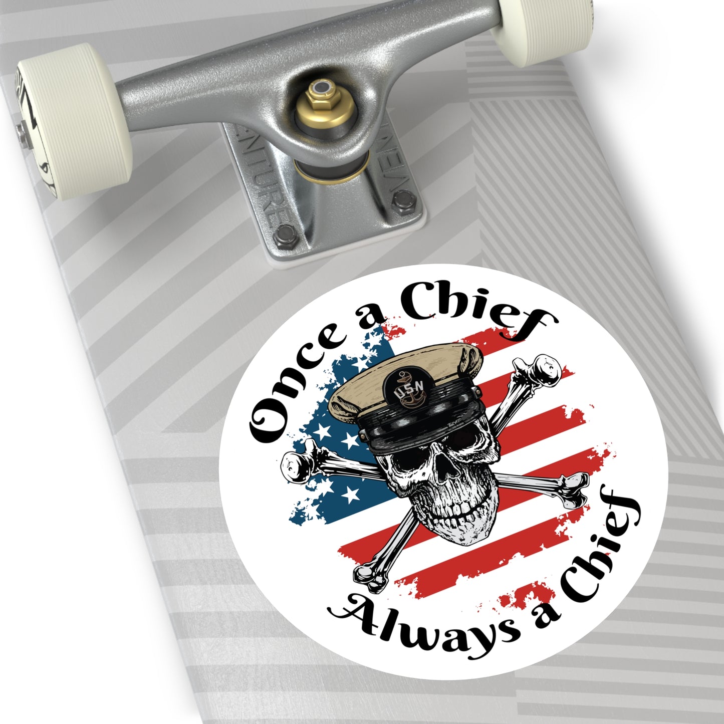 US Navy Once a Chief CPO Skull & Crossbones Sailor on Distressed USA Flag Round Sticker