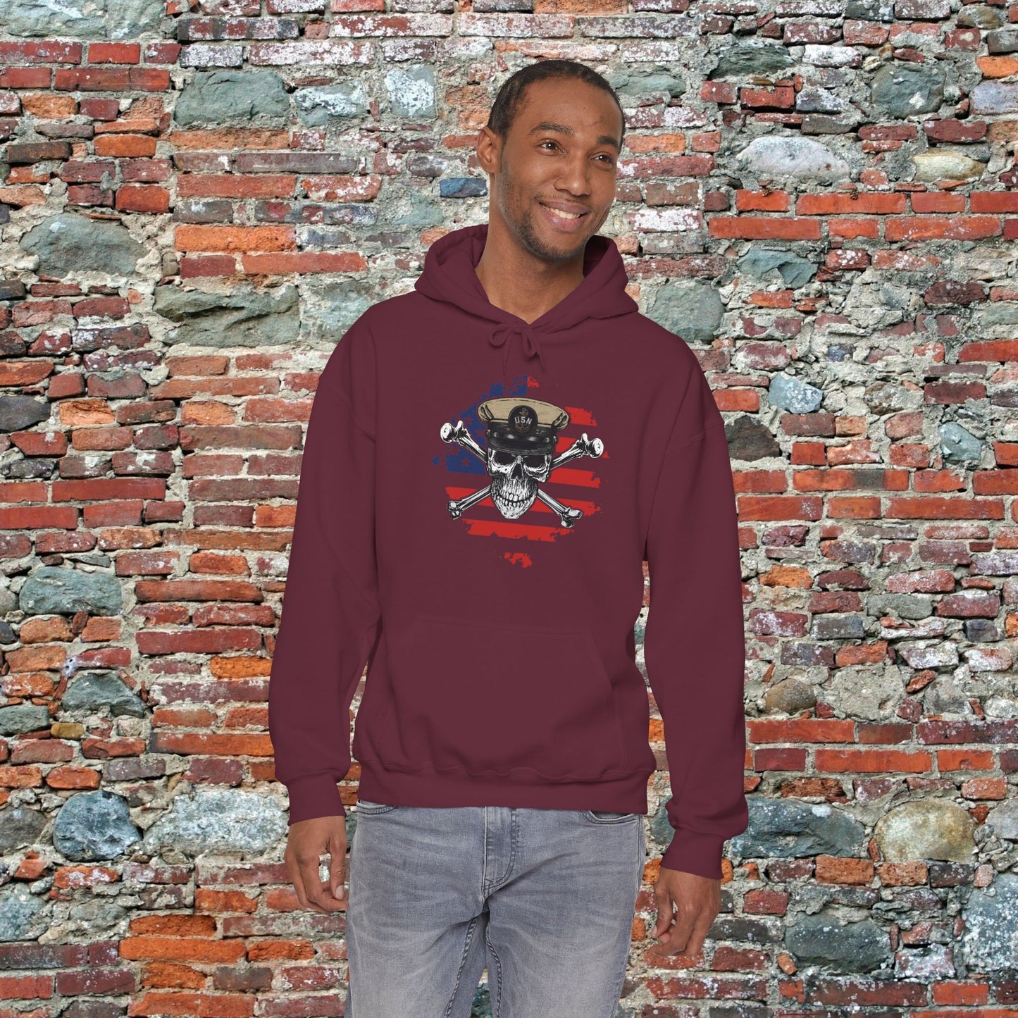 Navy Chief Skull & Crossbones on Distressed American Flag Unisex Heavy Blend™ Hooded Sweatshirt
