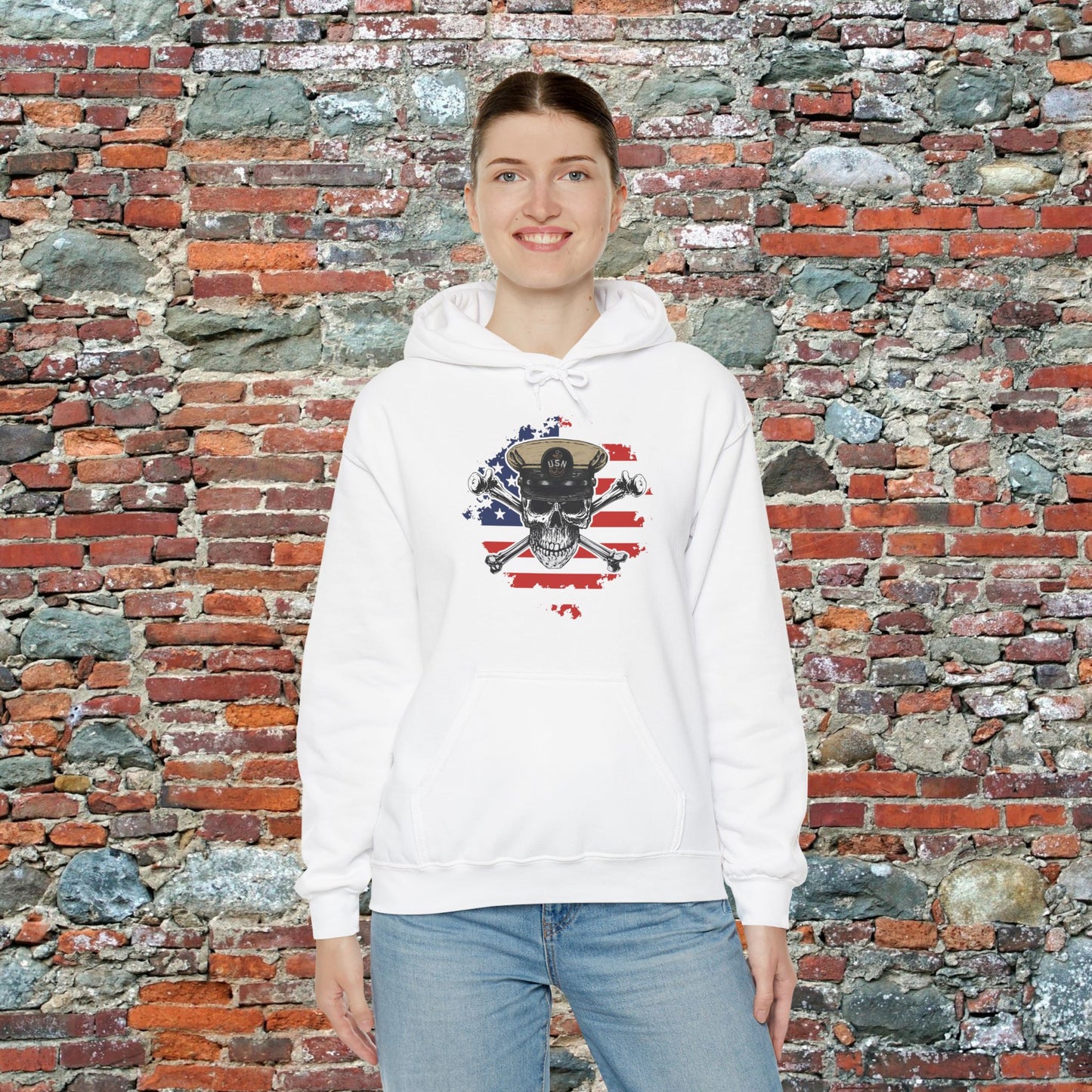 Navy Chief Skull & Crossbones on Distressed American Flag Unisex Heavy Blend™ Hooded Sweatshirt