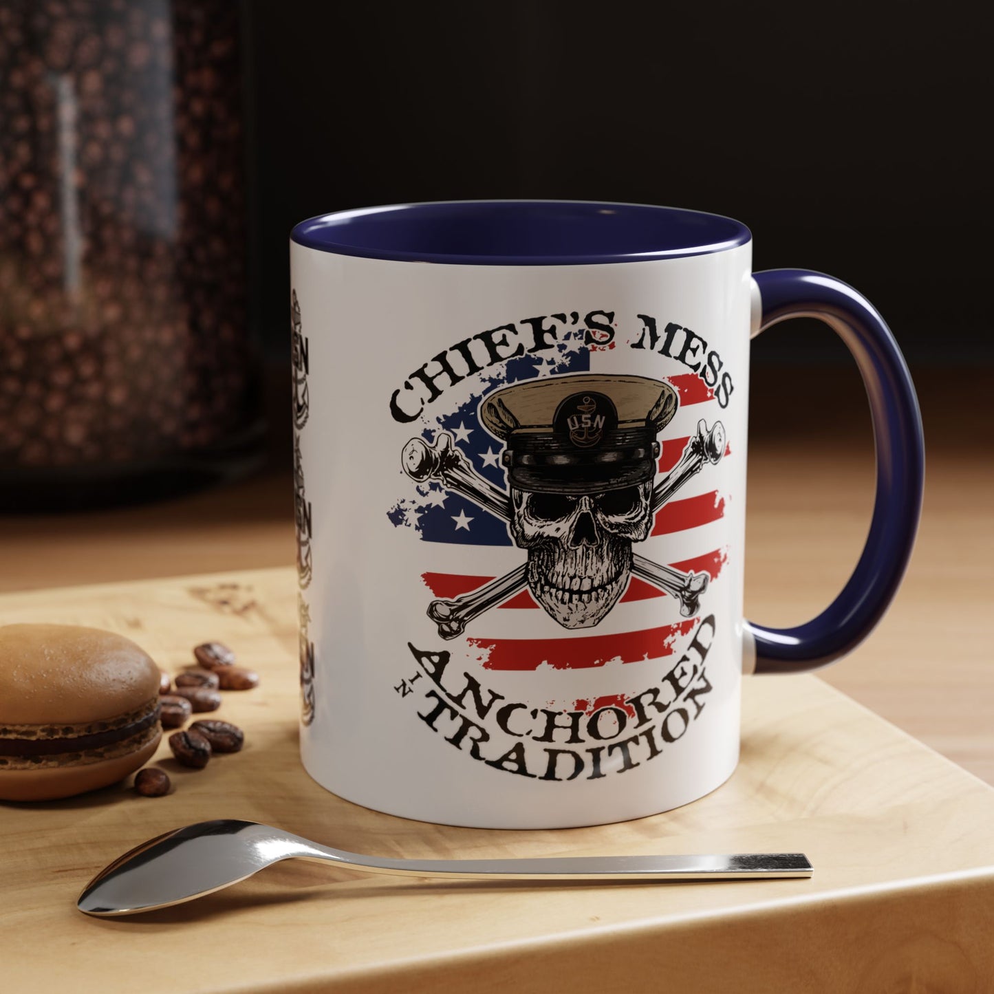US Navy Chief's Mess Anchored Tradition CPO Sailor Skull with Distressed USA Flag Accent Coffee Mugs