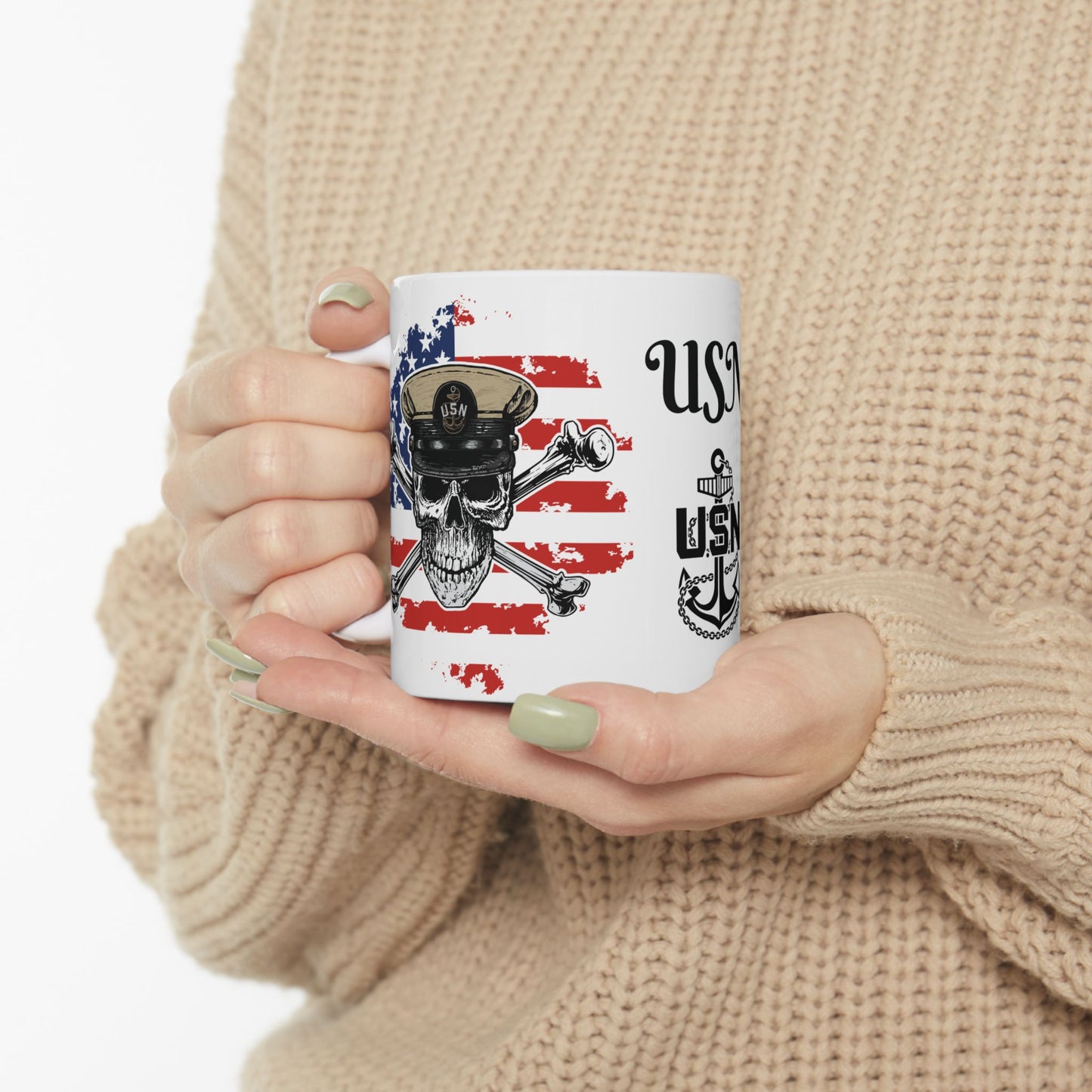 United States Navy Chief Skull & Crossbones CPO Anchor with American Flag White Glossy Mugs