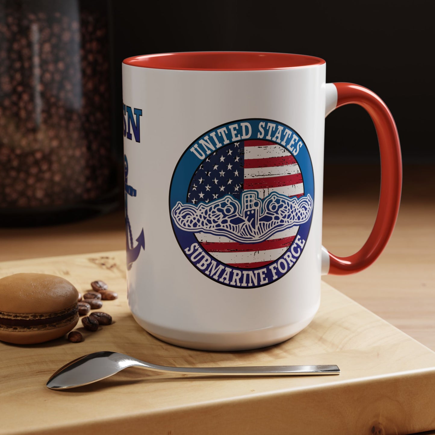 United States Navy Submarine Force Silent Service White Dolphins on American Flag Accent Coffee Mugs