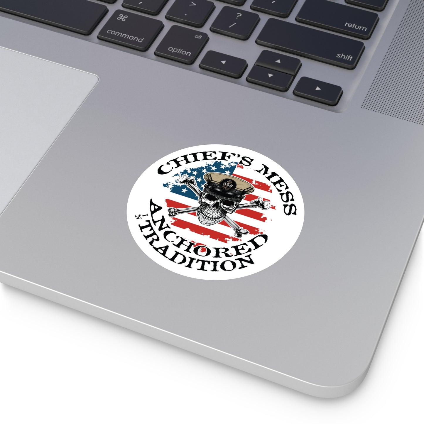 Chief's Mess Anchored Tradition Skull Crossbones on Distressed USA Flag Round Sticker