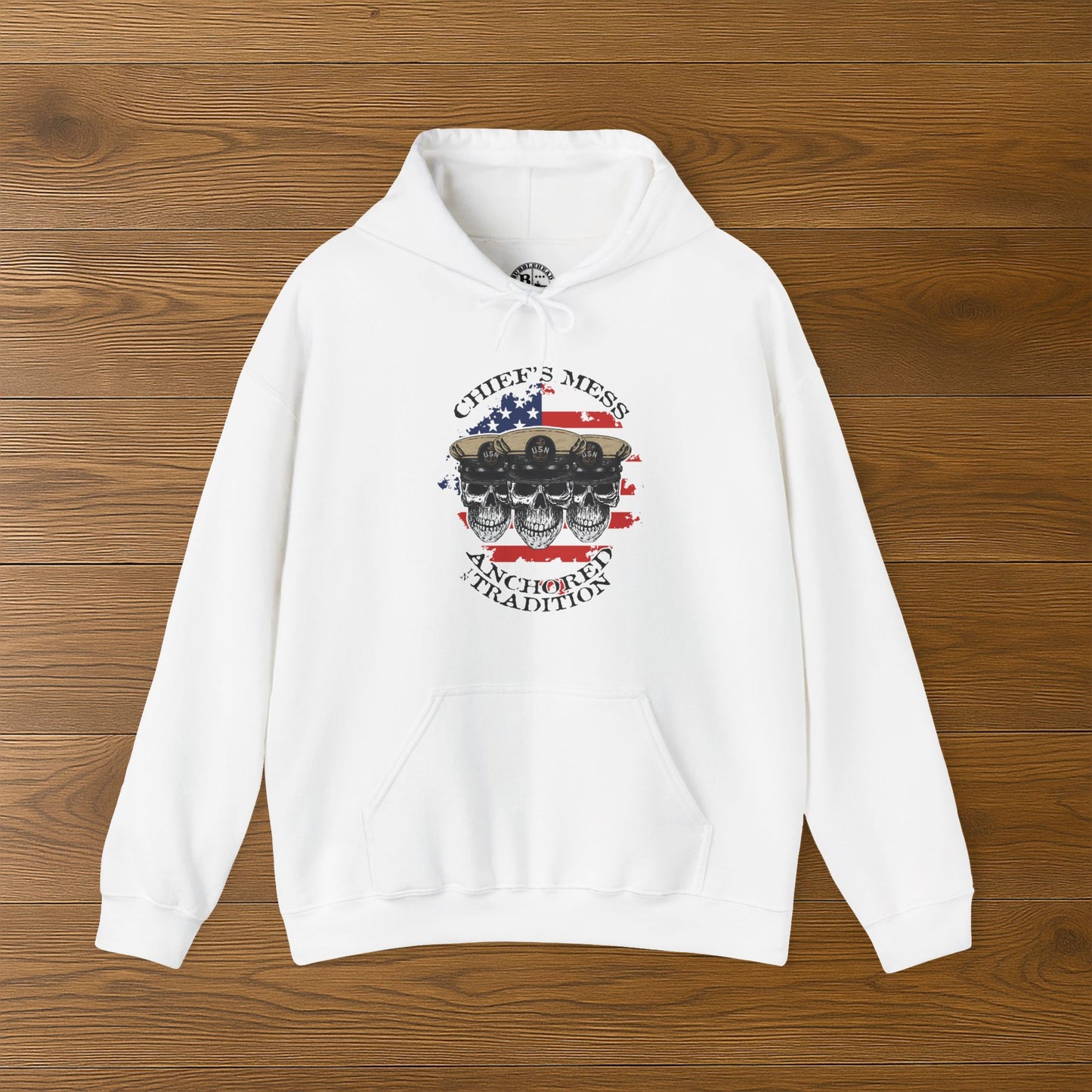 Chief's Mess Anchored Tradition CPO Sailor Skulls on Distressed USA Flag Unisex Heavy Blend™ Hooded Sweatshirt