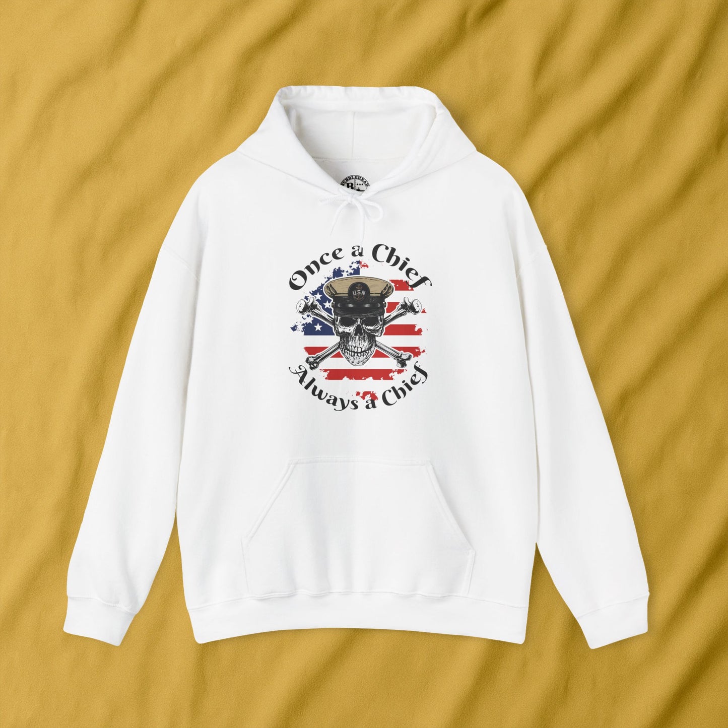 Once a Chief CPO Skull & Crossbones Sailor on Distressed USA Flag Unisex Heavy Blend™ Hooded Sweatshirt