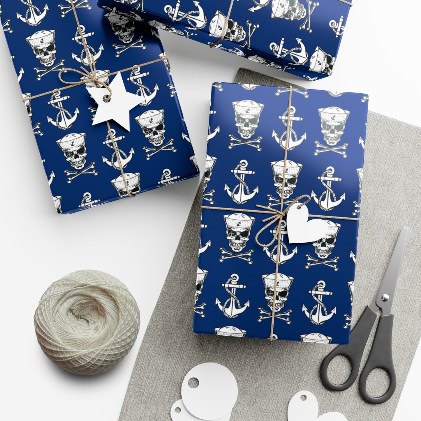 US Navy Sailor Skull Crossbones and Anchors Blue Gift Wrap Papers