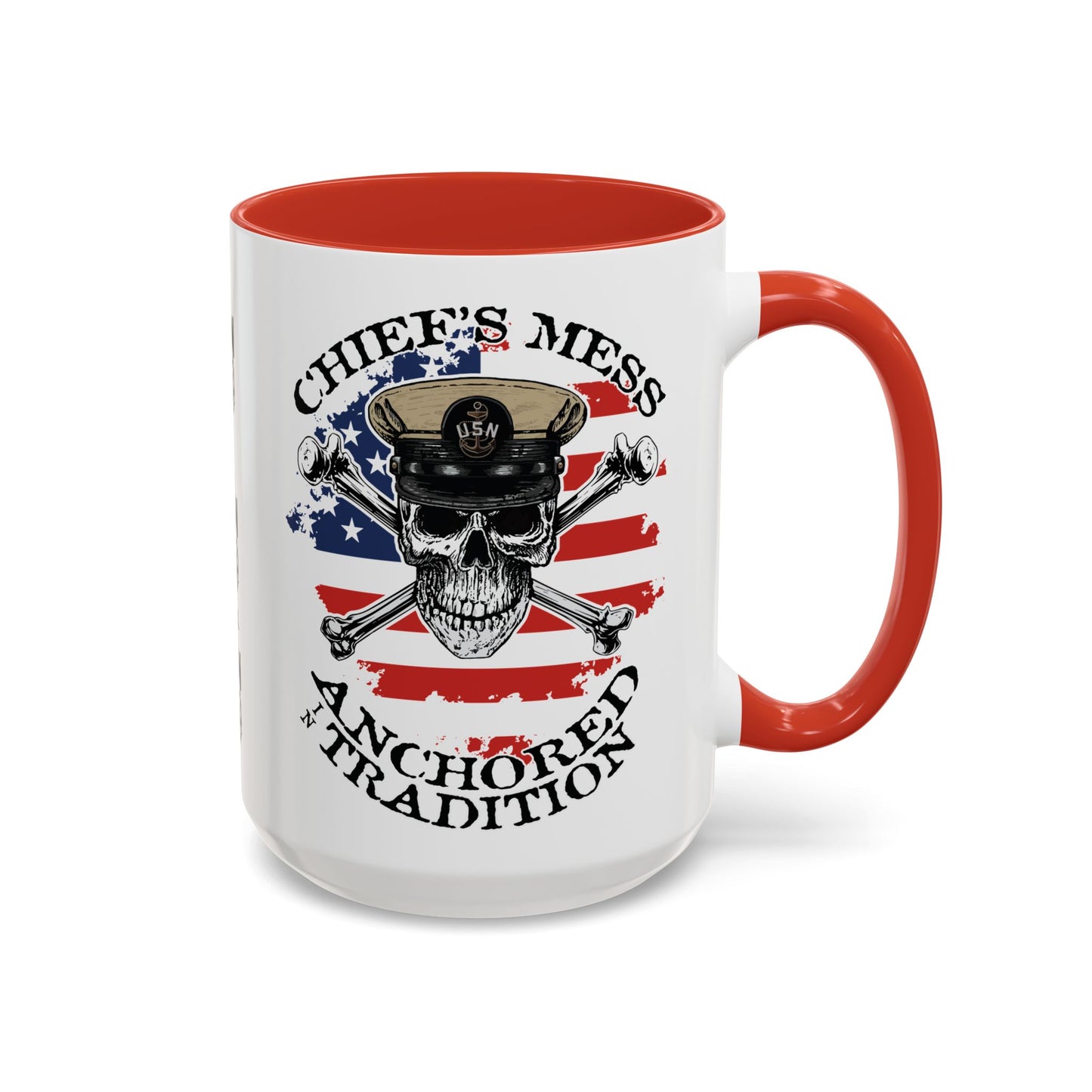 US Navy Chief's Mess Anchored Tradition CPO Sailor Skull with Distressed USA Flag Accent Coffee Mugs
