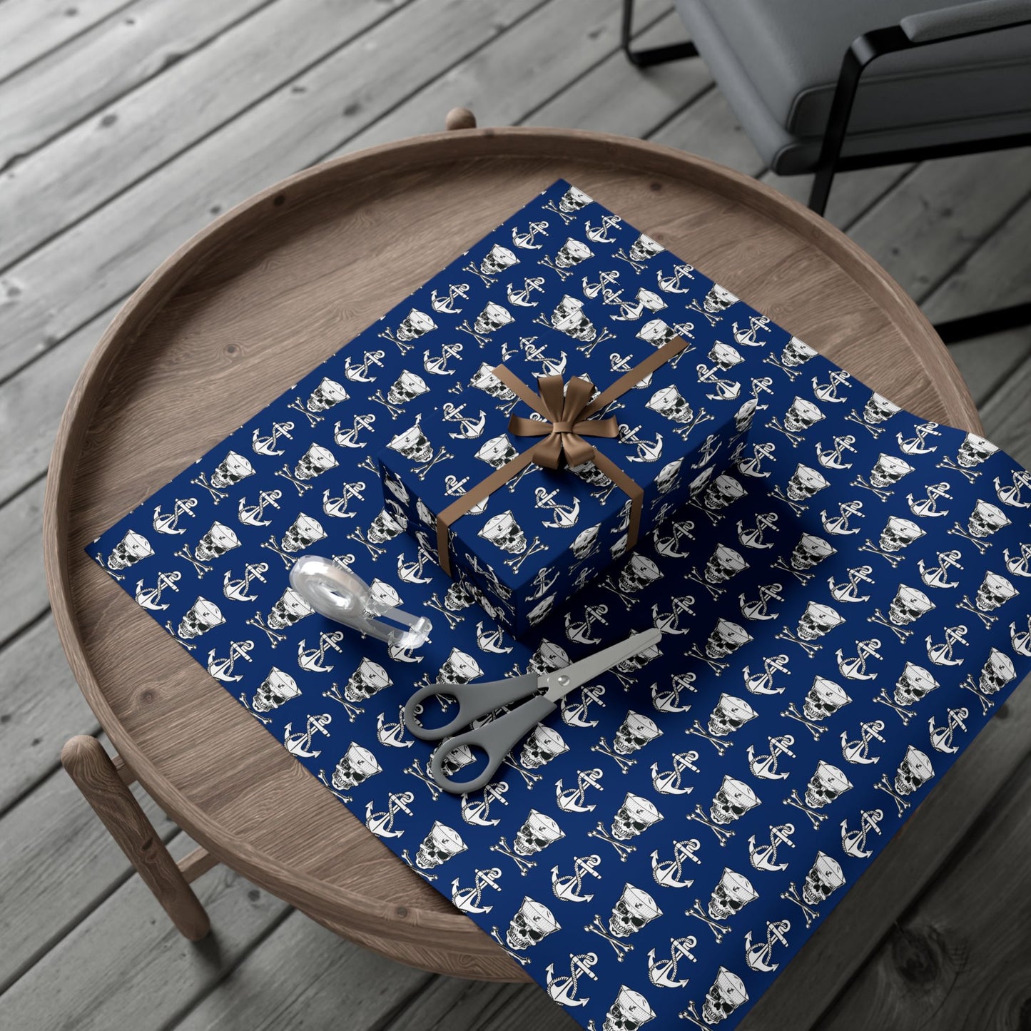 US Navy Sailor Skull Crossbones and Anchors Blue Gift Wrap Papers