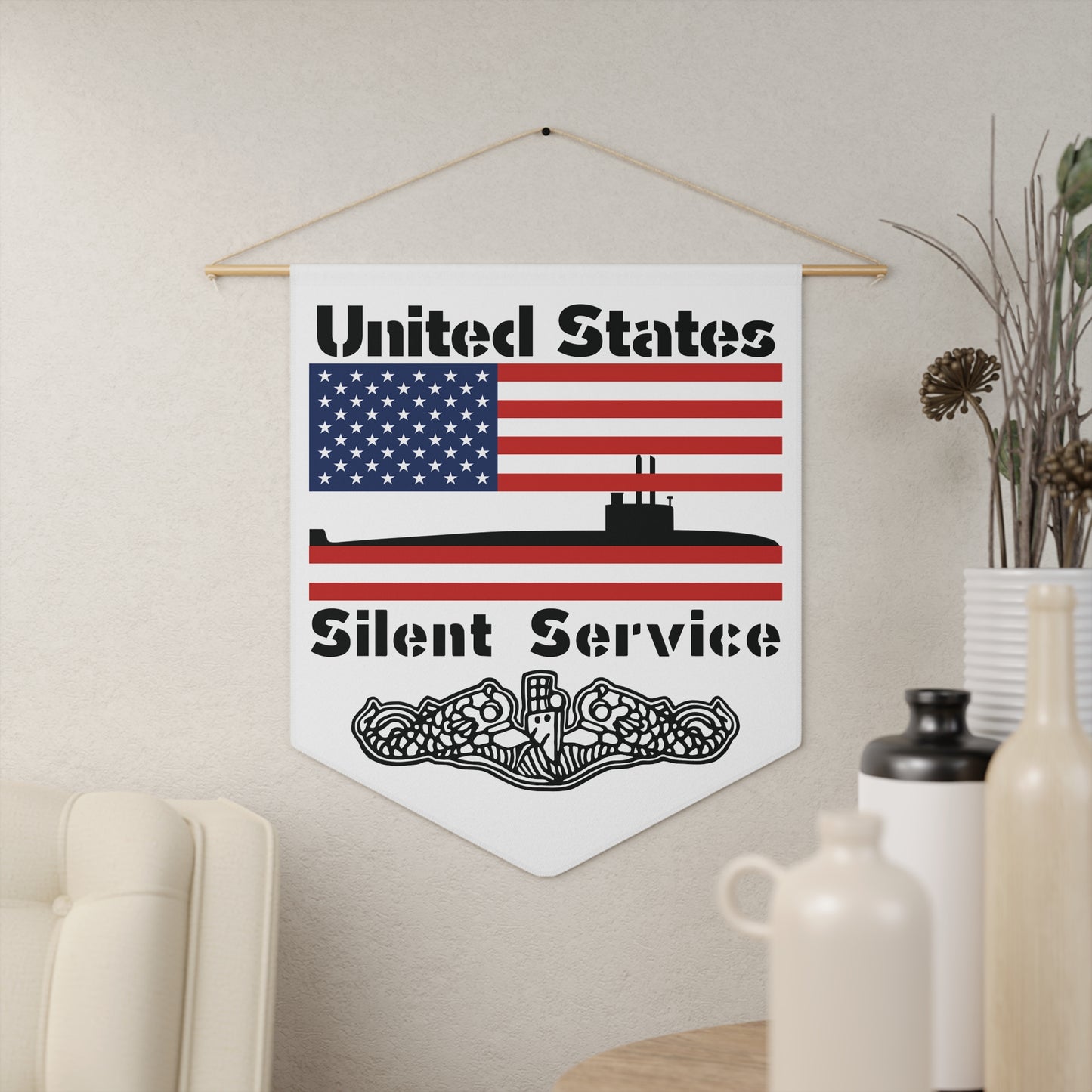 United States Navy Submarine Force Silent Service USA Flag with Dolphins on White Pennant