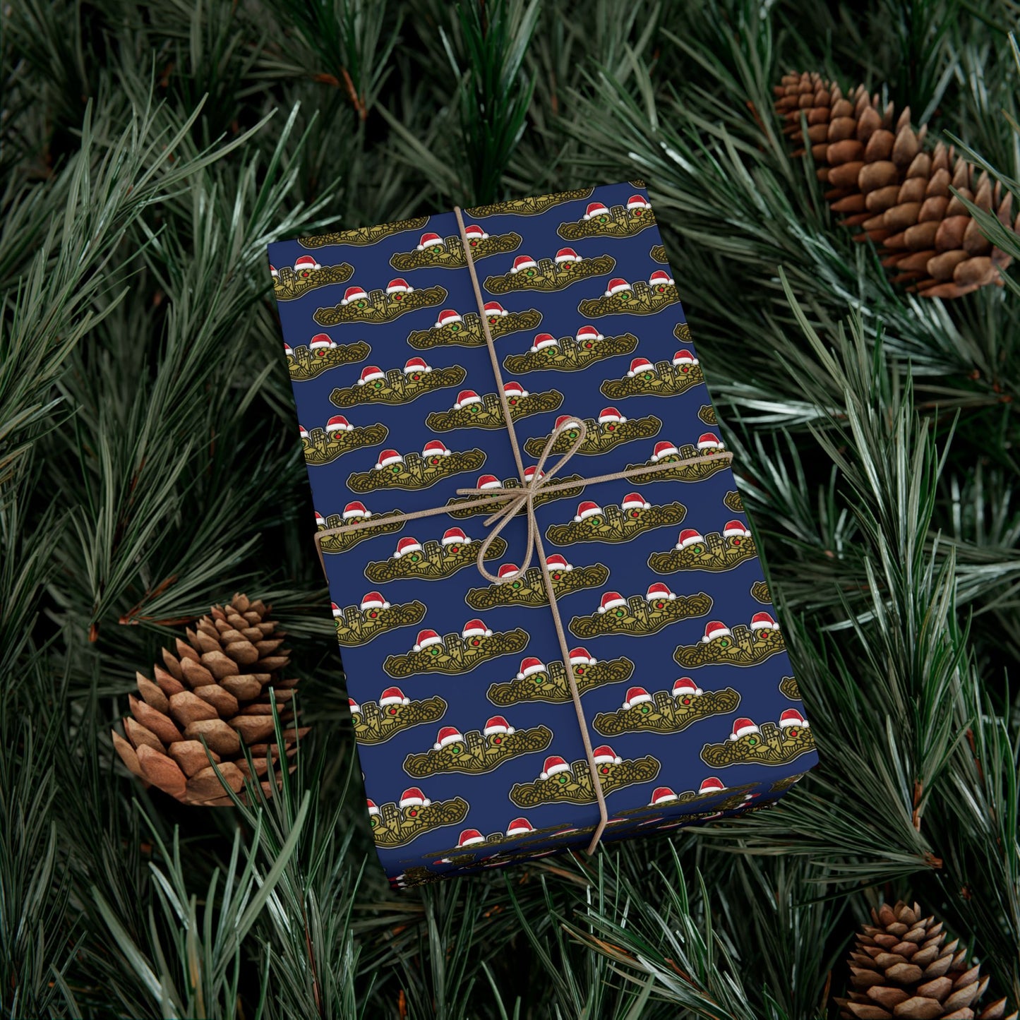 United States Navy Submarine Force Gold Officer Dolphins Christmas Hats with Red and Green Eyes Blue Gift Wrap Papers
