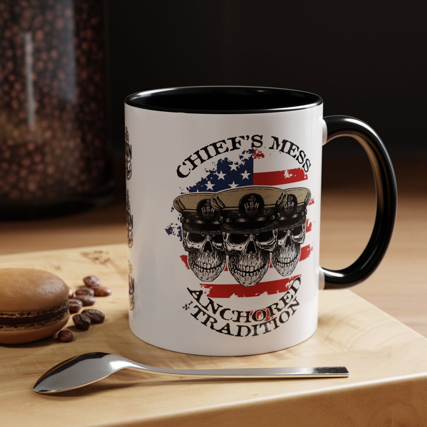 US Navy Chief's Mess Anchored Tradition CPO Sailor Skulls with Distressed USA Flag Accent Coffee Mugs