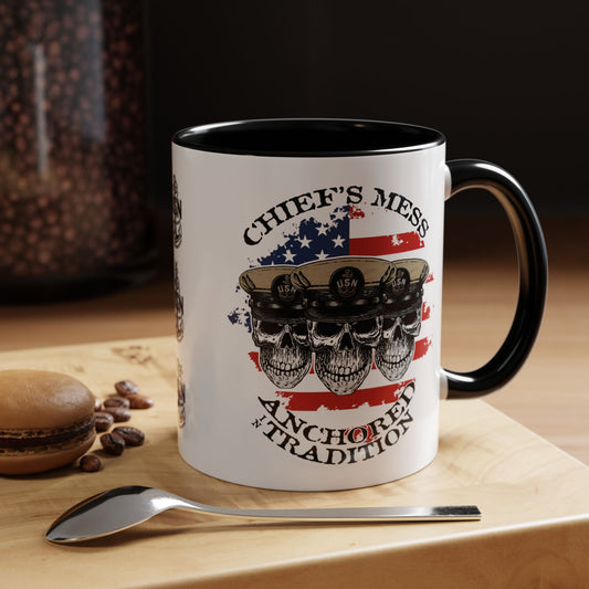 US Navy Chief's Mess Anchored Tradition CPO Sailor Skulls with Distressed USA Flag Accent Coffee Mugs