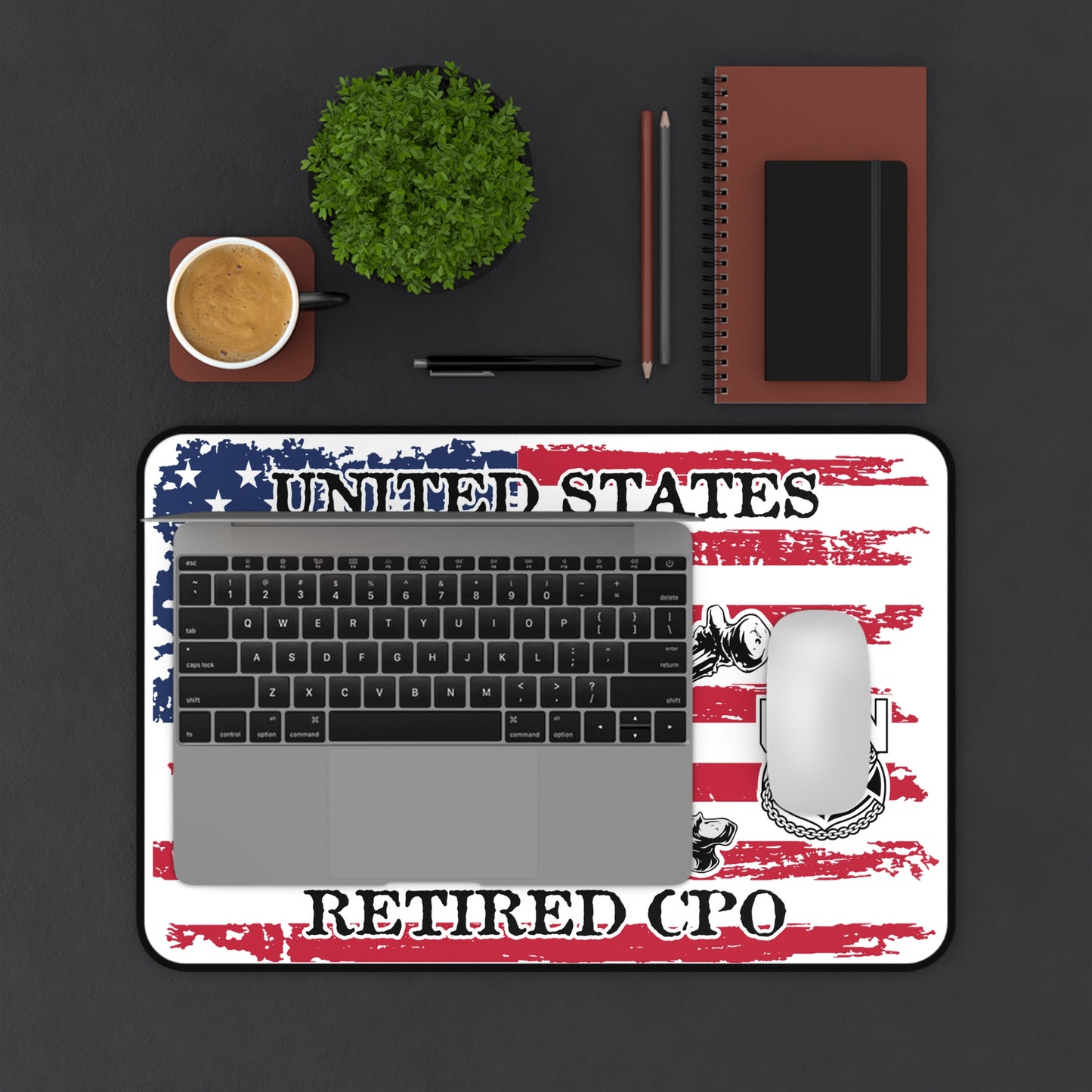 United States Retired CPO Skull Crossbones Chief with Distressed American Flag Desk Mat