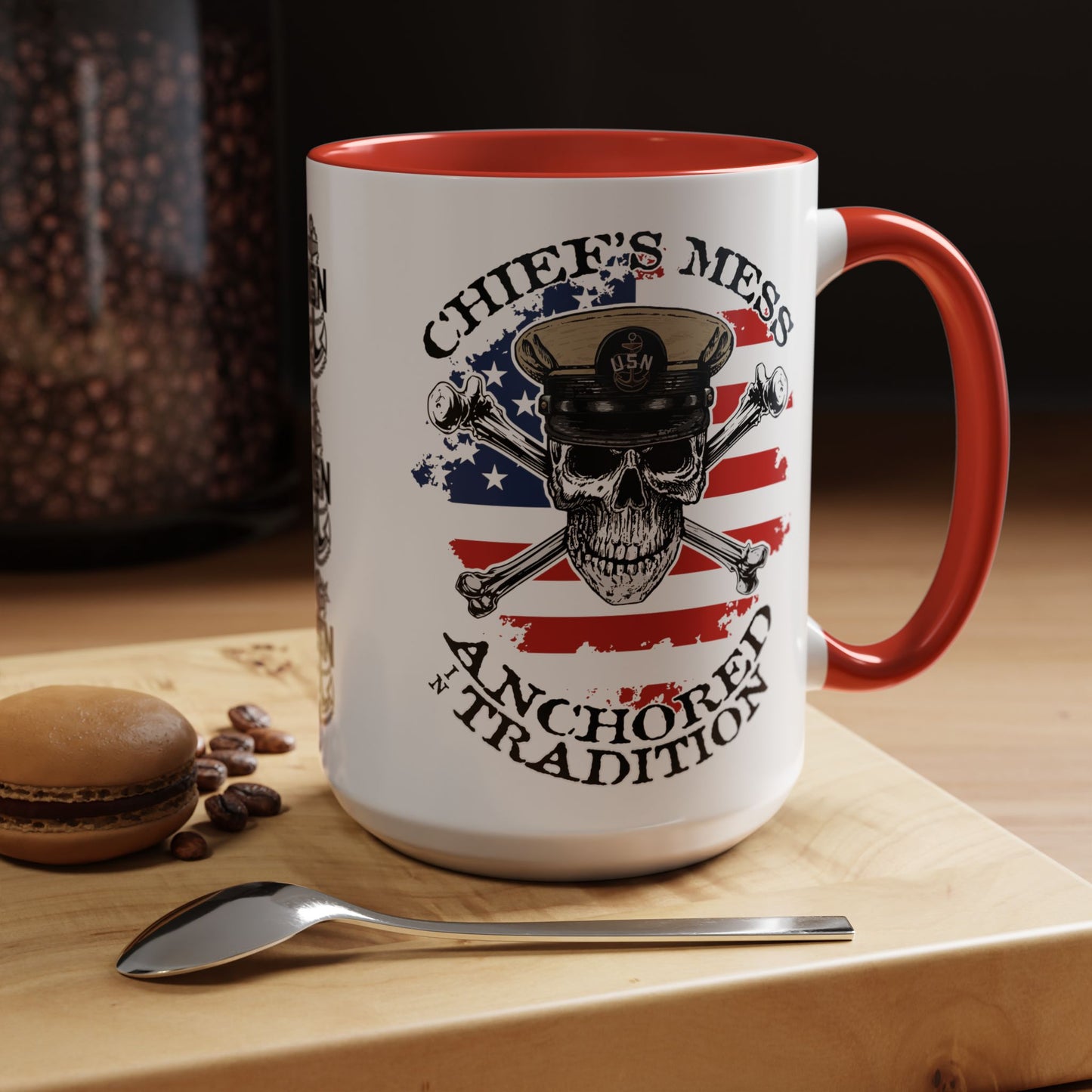 US Navy Chief's Mess Anchored Tradition CPO Sailor Skull with Distressed USA Flag Accent Coffee Mugs