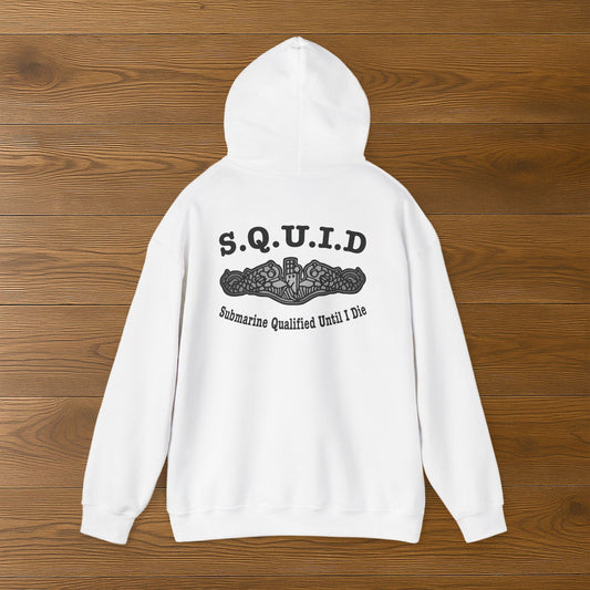 United States S.Q.U.I.D. Submarine Qualified Until I Die Navy Dolphins Front Unisex Heavy Blend™ Hooded Sweatshirt