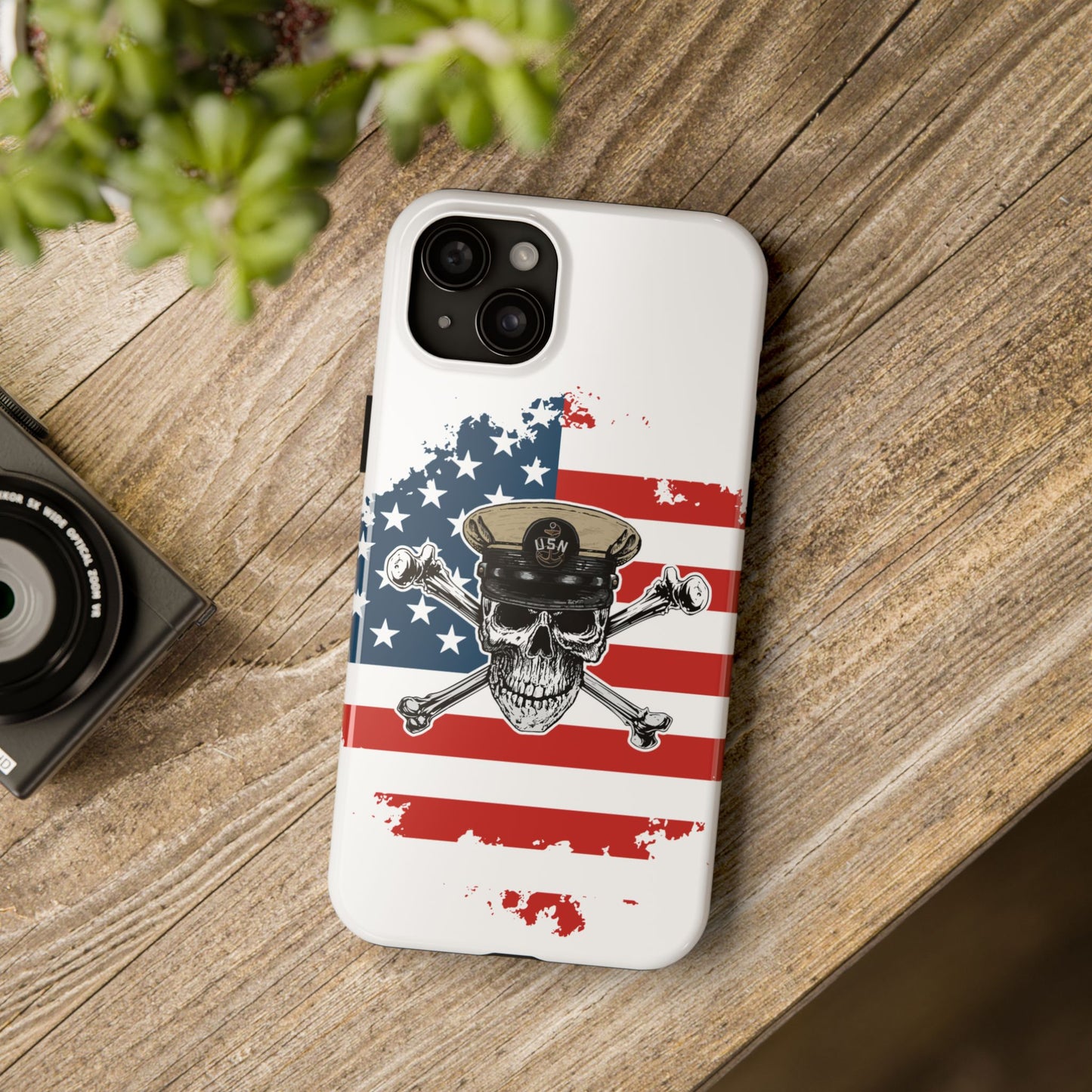 Naval Chief Skull & Crossbones on American Flag White Tough iPhone Case